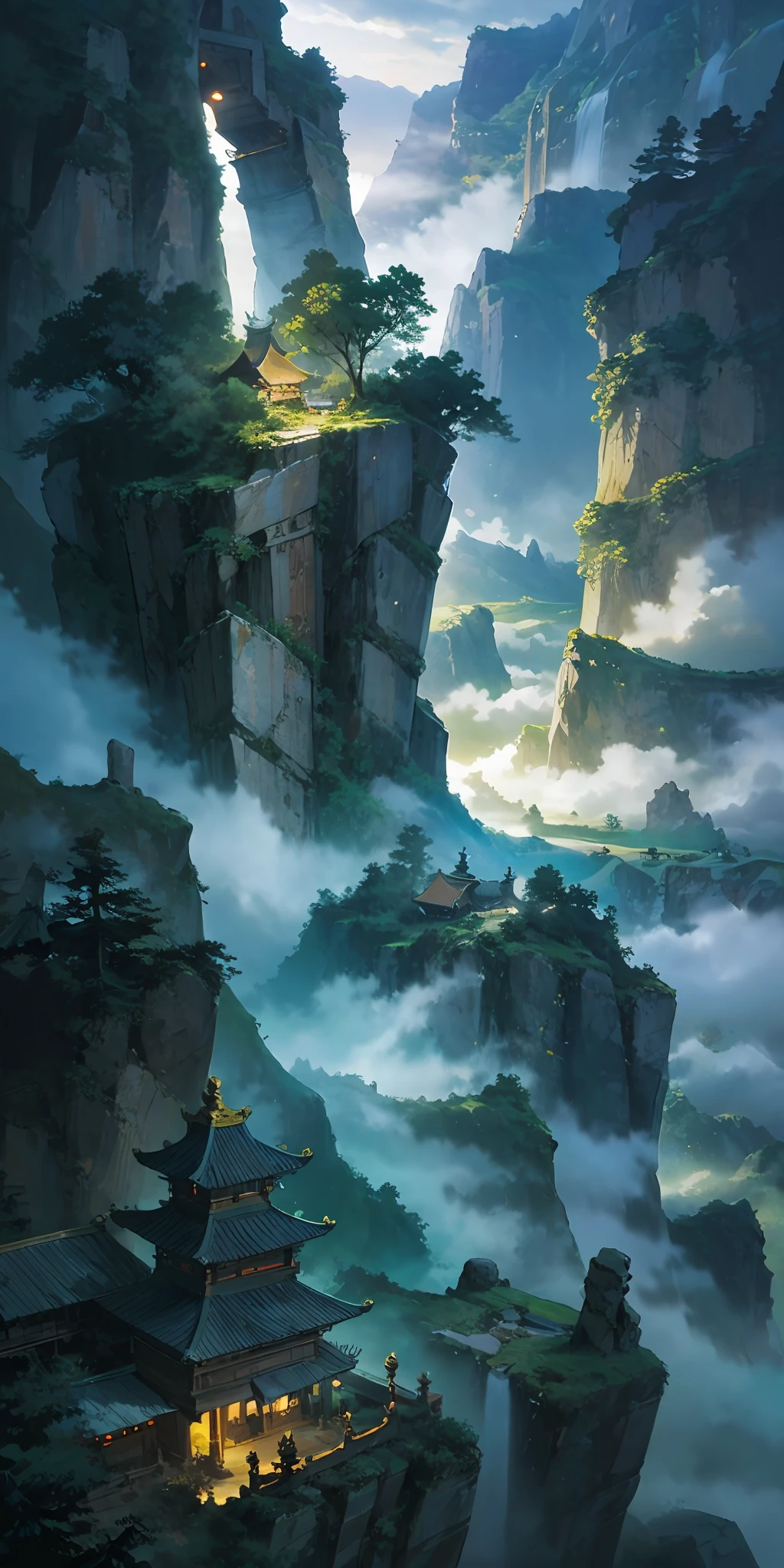 “((masterpaintings)),High quality,Super meticulous,A majestic ancient Chinese city deep in the mountains,surrounded by cloud,dense fog,stunning lighting effects,A spectacle of pure natural beauty。”