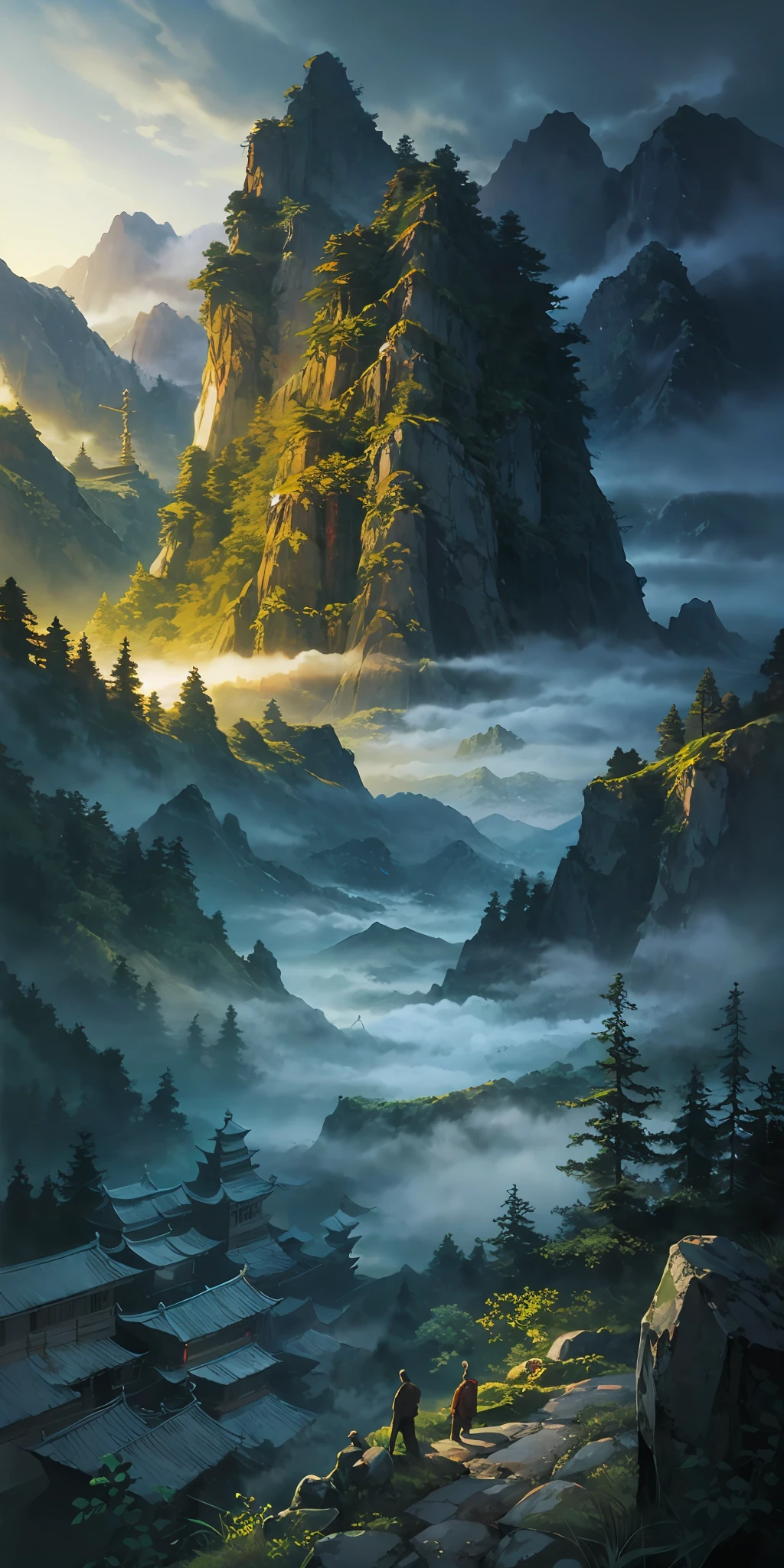 “（（masterpaintings）），High quality，Super meticulous，A majestic ancient Chinese city deep in the mountains，surrounded by cloud，dense fog，stunning lighting effects，A spectacle of pure natural beauty。”