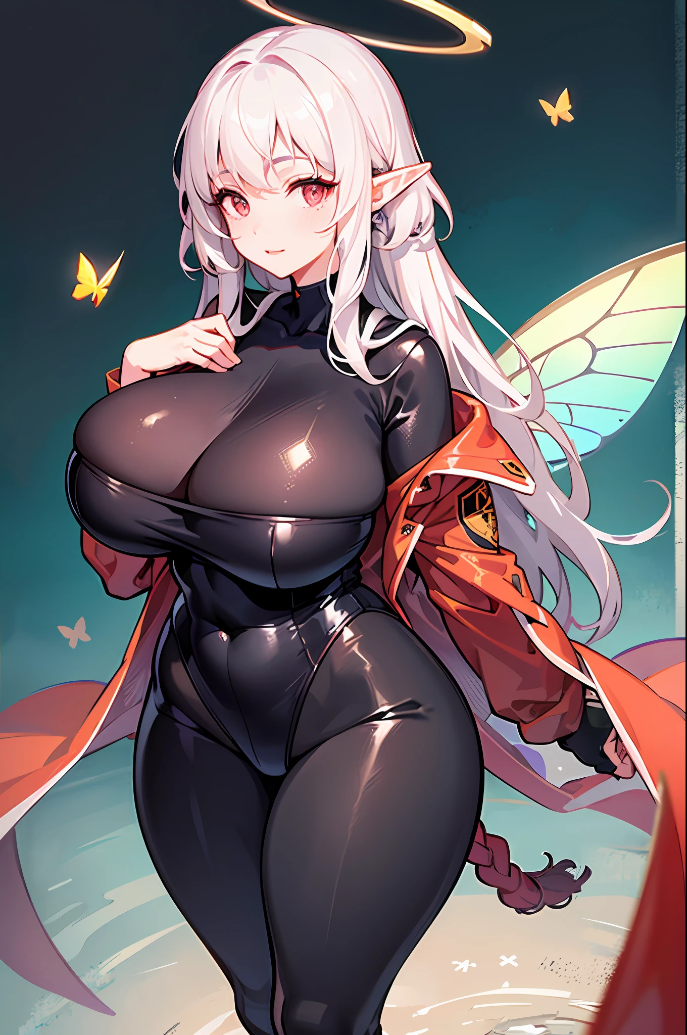 Close-up of a woman standing on a rock in the water, Artgerm and Atey Ghailan, forest fairy, smiling as a queen of fairies, pixie character, offcial art, brunette elf with fairy wings, A pair of huge fairy wings,faerie, queen of the fairies, Wearing latex combat uniforms, (Extreme detail)),(hyper detailled),extremely detailed CG Unity 8k wallpapers,Best Quority,purah_totk,high leotard,posando,cowboy lens,lens halo。Fat girl。She is about 30 meters tall,with a huge mommy body。She has butterfly elf wings,Make her fly in mid-air,Her skin tone is fair and smooth,Make her look older。In terms of the five senses,Has a soft and gentle face。She has a slender nose,Her lips are naturally pink,Slightly full。Her eyebrows are well-shaped,The arch is neat,Outline beautiful eyes。Her are huge,Good shape。They are huge,You can see the outline overall,Her appearance is characterized by her serene and kind expression,Represents her gentle nature。She has short white hair and red eyes。A sexy girl with huge and thick body wearing a tight suit,You can see all her curves and nipple contours。She is thick with plump fat and huge,Her suit is very, very tight,Covered her entire body,You can see all her curves and body。The full body suit is tight,Bring your legs together,Close to your hands,The hemp rope is tightly wound in a circle,Wrapped around the chest from under the feet。Set high transparency,You can see her whole body inspired by Ross Chan, portrait of a fairy, fey queen of the summer forest