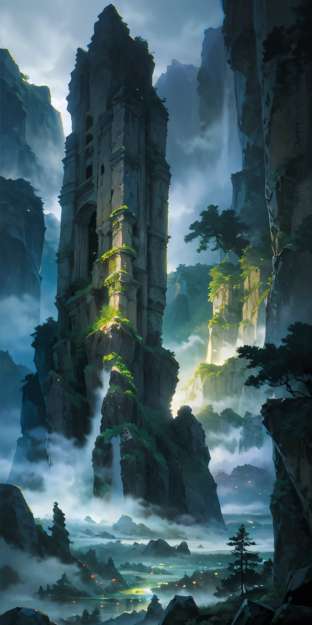 “((masterpaintings)),High quality,Super meticulous,A majestic ancient Chinese city deep in the mountains,surrounded by cloud,dense fog,stunning lighting effects,A spectacle of pure natural beauty。”
