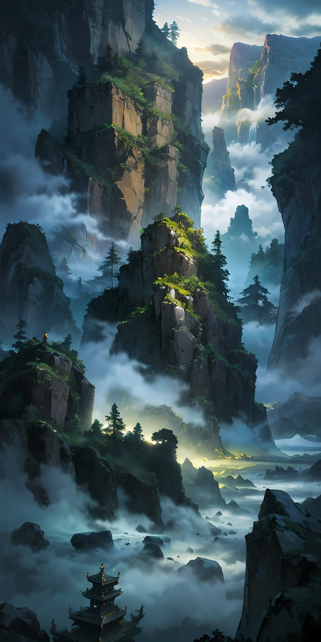 “（（masterpaintings）），High quality，Super meticulous，A majestic ancient Chinese city deep in the mountains，surrounded by cloud，dense fog，stunning lighting effects，A spectacle of pure natural beauty。”