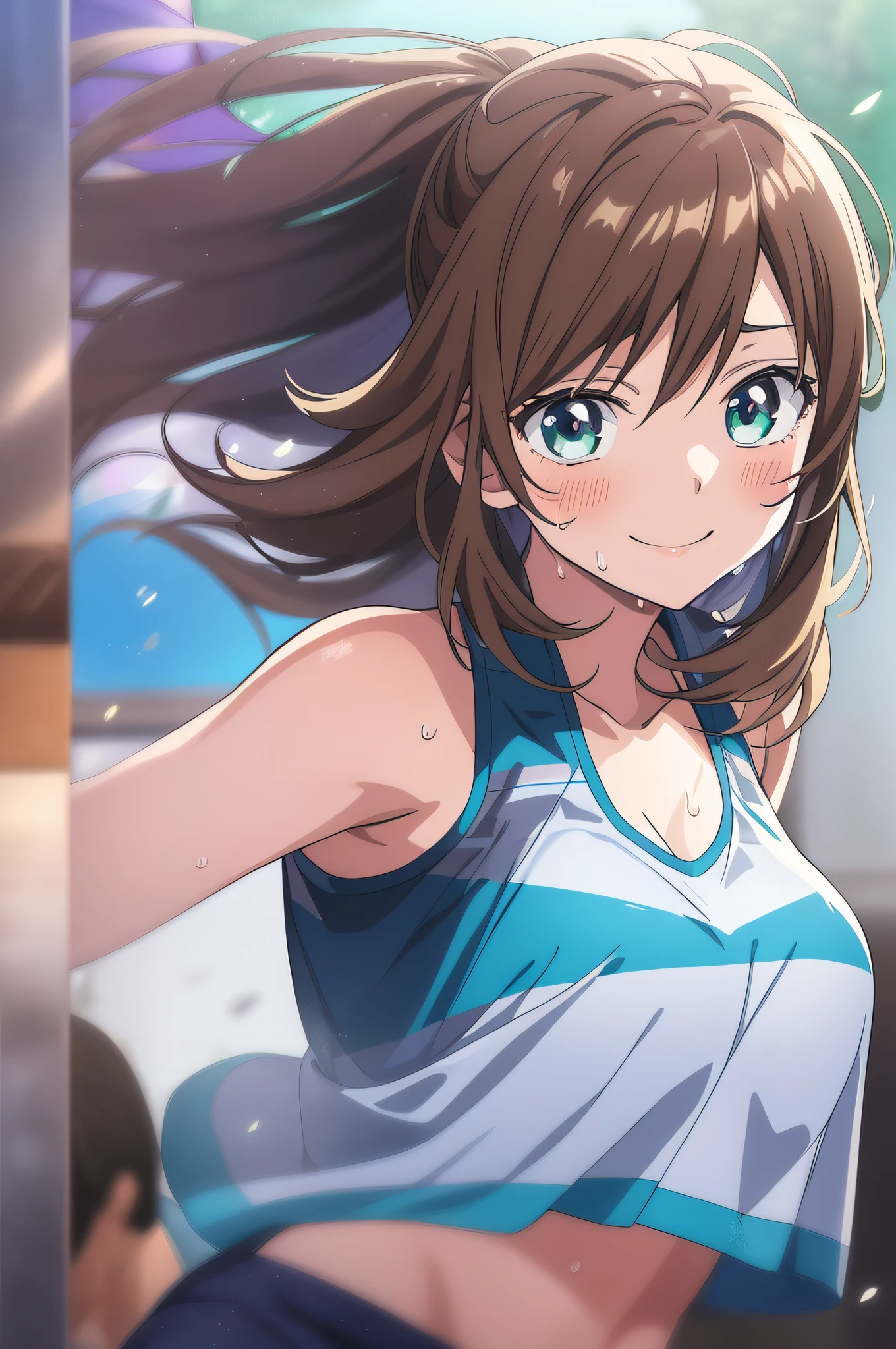 (best quality,anime,anime art style:1.2), young girl, 13years old, sweat,cheer leader,Intense angle,speedy movement,looking away,looks fun,a smile,sleeveless,