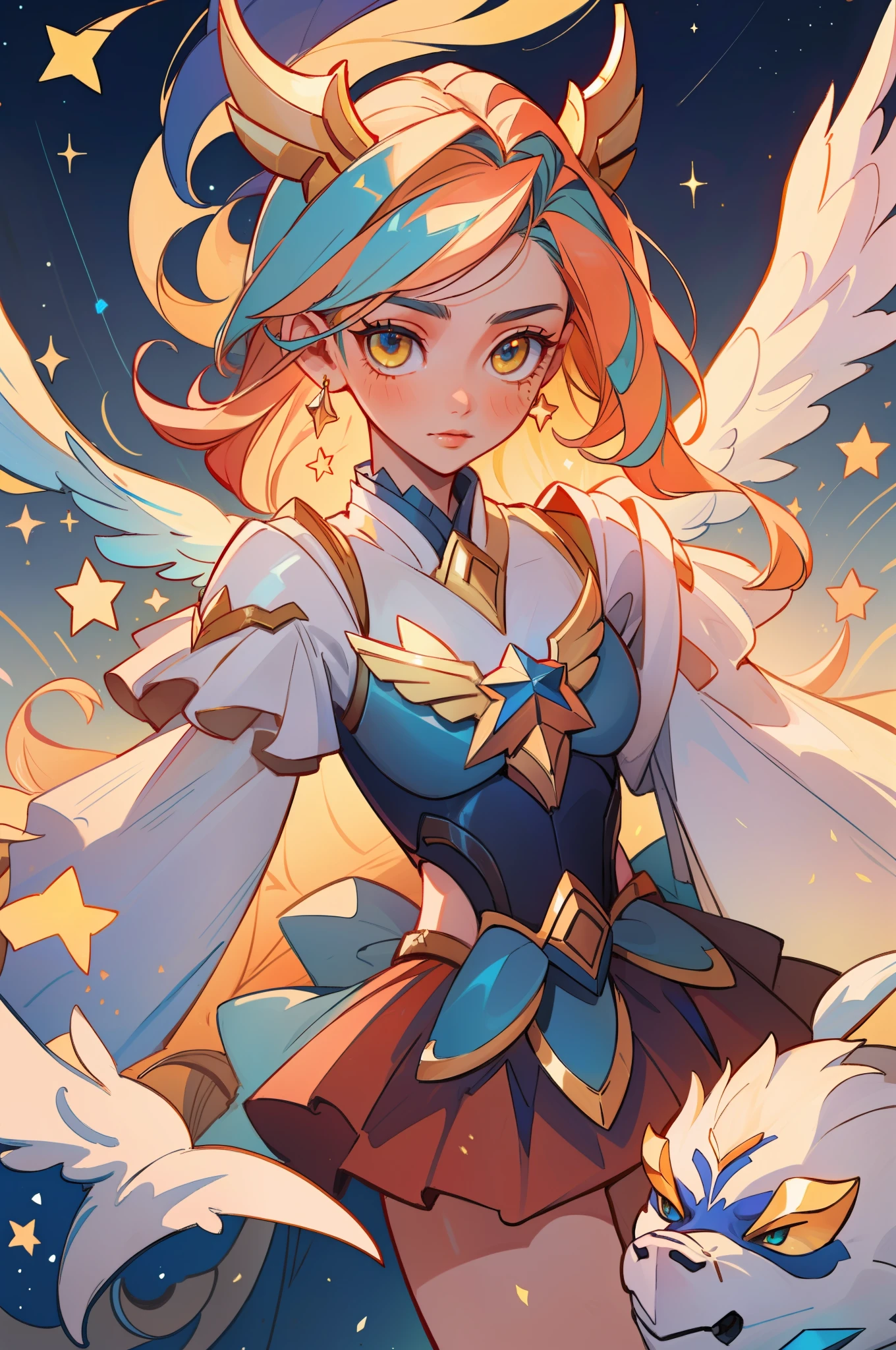 (masterpiece, best quality),  intricate details, 8k, artstation, sharp focus, 1girl, star guardian, league of legends, (warm color theme)