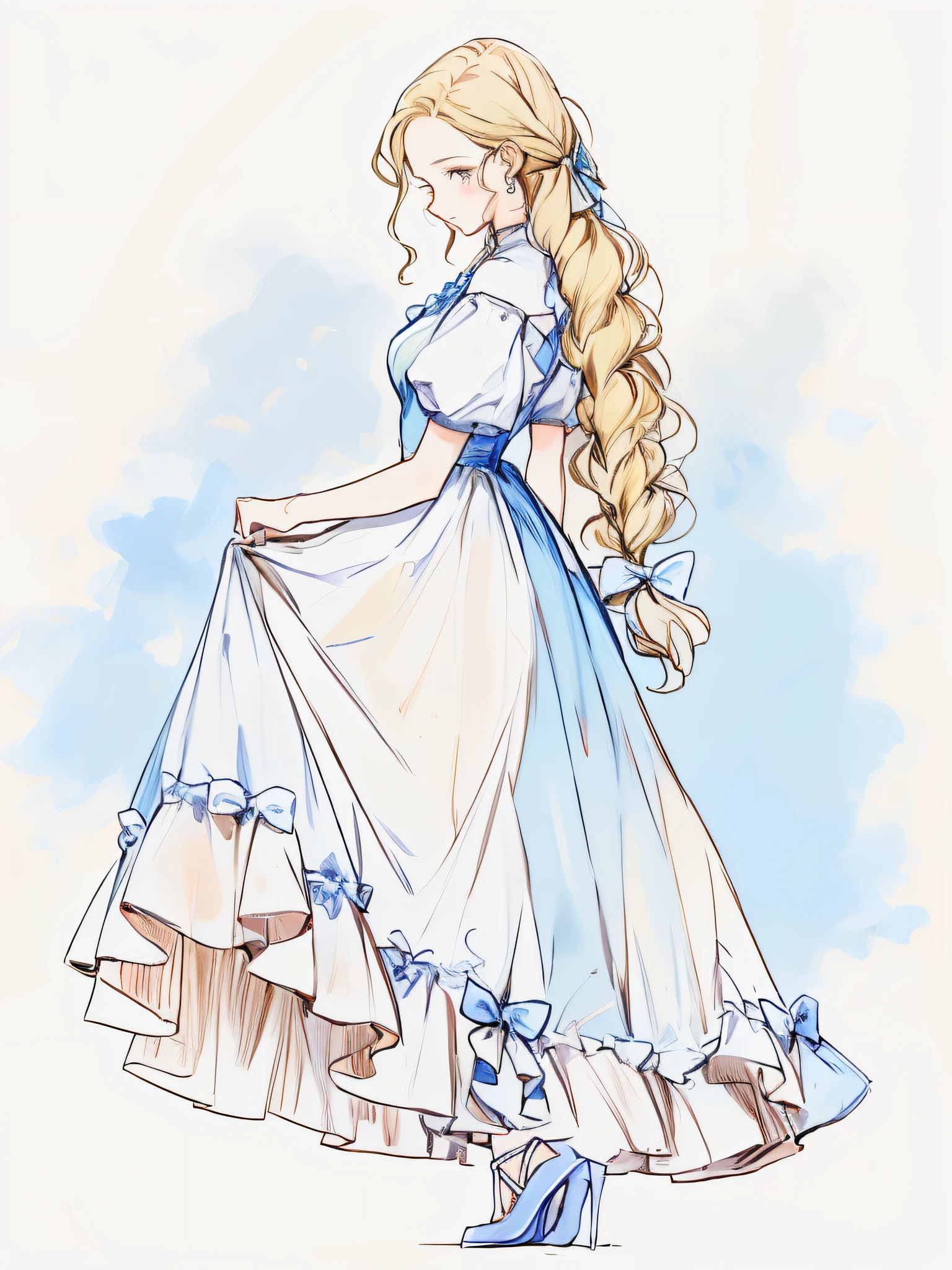 A painting of a woman in a long blue dress, sky blue dress, white background,minimalistic background,elegant drawing, Wearing a flowing sky blue dress, traditional drawing style, beautiful drawing style, lineart behance hd, animemanga girl,With long blonde hair, black heels,fair white skin