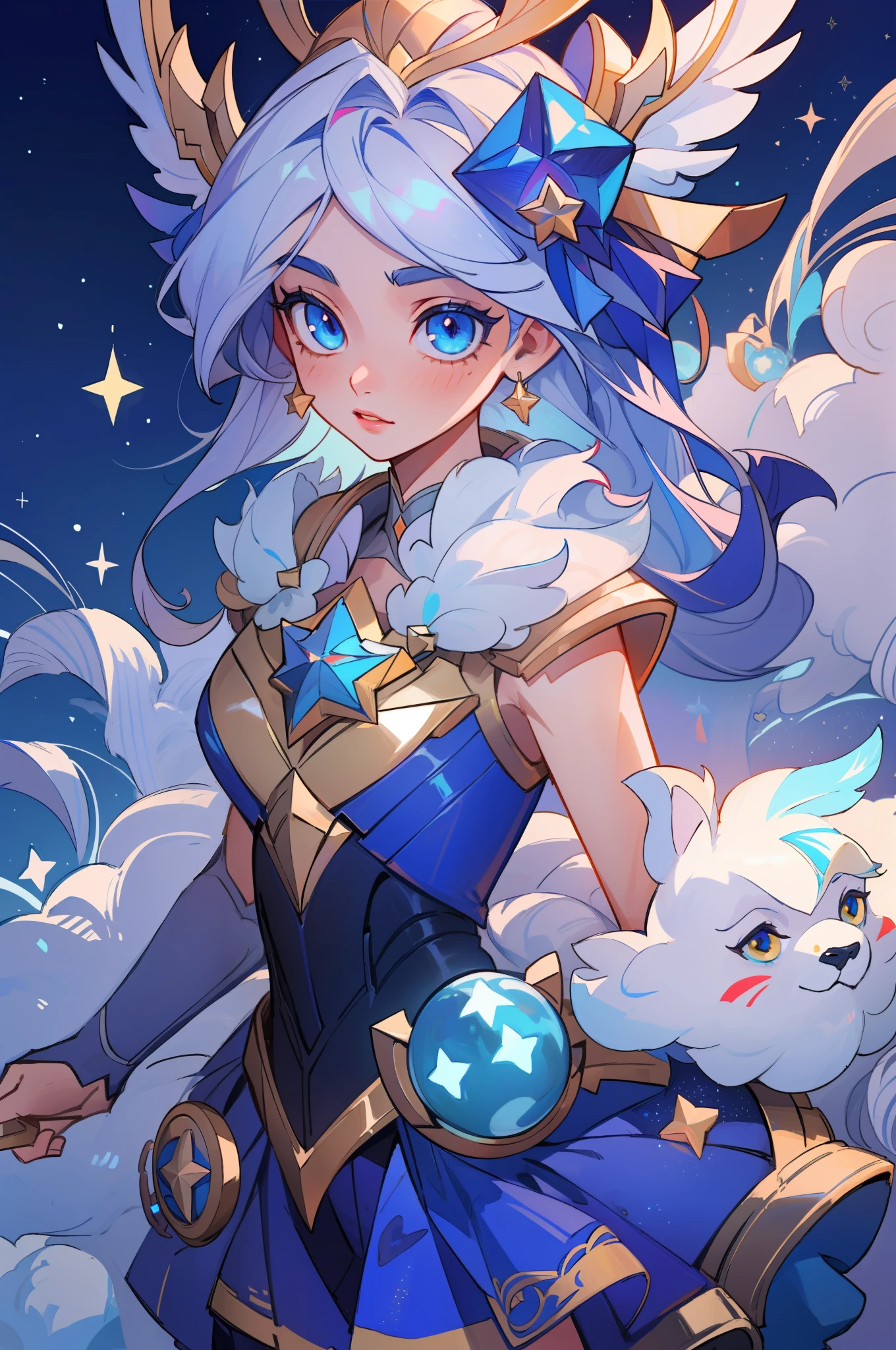(masterpiece, best quality), intricate details, 8k, artstation, sharp focus, 1girl, star guardian, league of legends, (cool color theme)