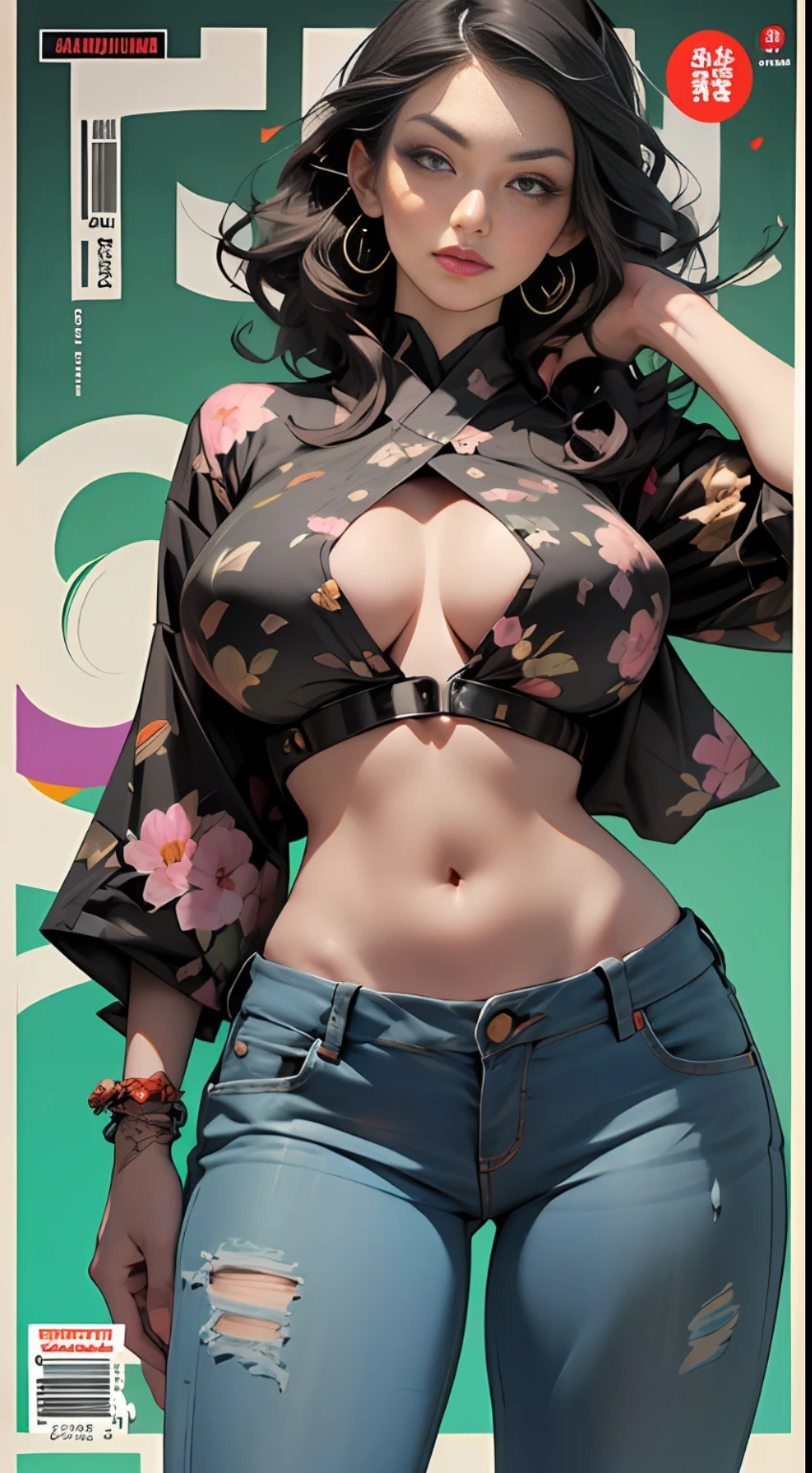 background, misto-language_text, letras japonesas em graffit , Kelly Brook mulher linda , longos cabelos s, excellent lighting, sidelighting, perfeito ultimate (cor plana: 1.3), (magazine_cover: 1.4), (multicolored_background: 1.3, corpo escultural perfeita e detalhada, camisa ultra detalhado com desenho abstrato e com estampa de letras japonesas em grafit dos lados da roupa, worn jeans, big breas efeitos imersivos, efeito pairar, fundo estilo grafite tatuagem tribal com flores e cores vibrantes, "hdr ultra" detalhadas e com efeito de foco, (obra-prima: 1.2, melhor qualidade), (beautiful eyes with huge finely detailed eyelashes: 1.2), , ((Solo)), (Olhos finamente detalhados e rosto detalhado :1.3), Perfect hands with 5 fingers and ultra detailed
