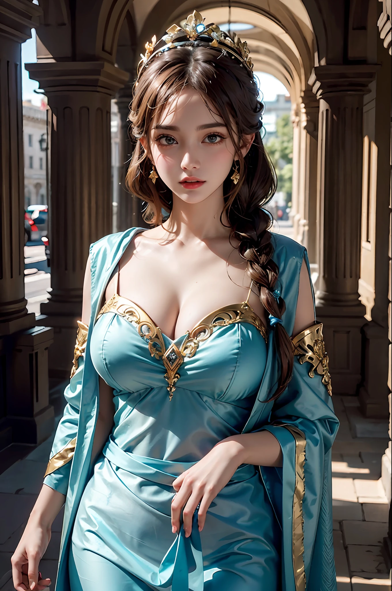 1girl huge large breasts,Greek goddess,Vi delicate and beautiful face,golden hair,Various hairstyles,Garland crown,voluptuous breasts,Convex buttocks,greek clothes,Tulle covers the breasts,perfectly proportioned, Detailed clothing details,Temple,marble,god statue,World Tree,Cinematic lighting, filmgrain, Fujicolor, lightand shade contrast, 8K, 巨作, Textured skin, Super detail, high detailing, High quality, A high resolution,