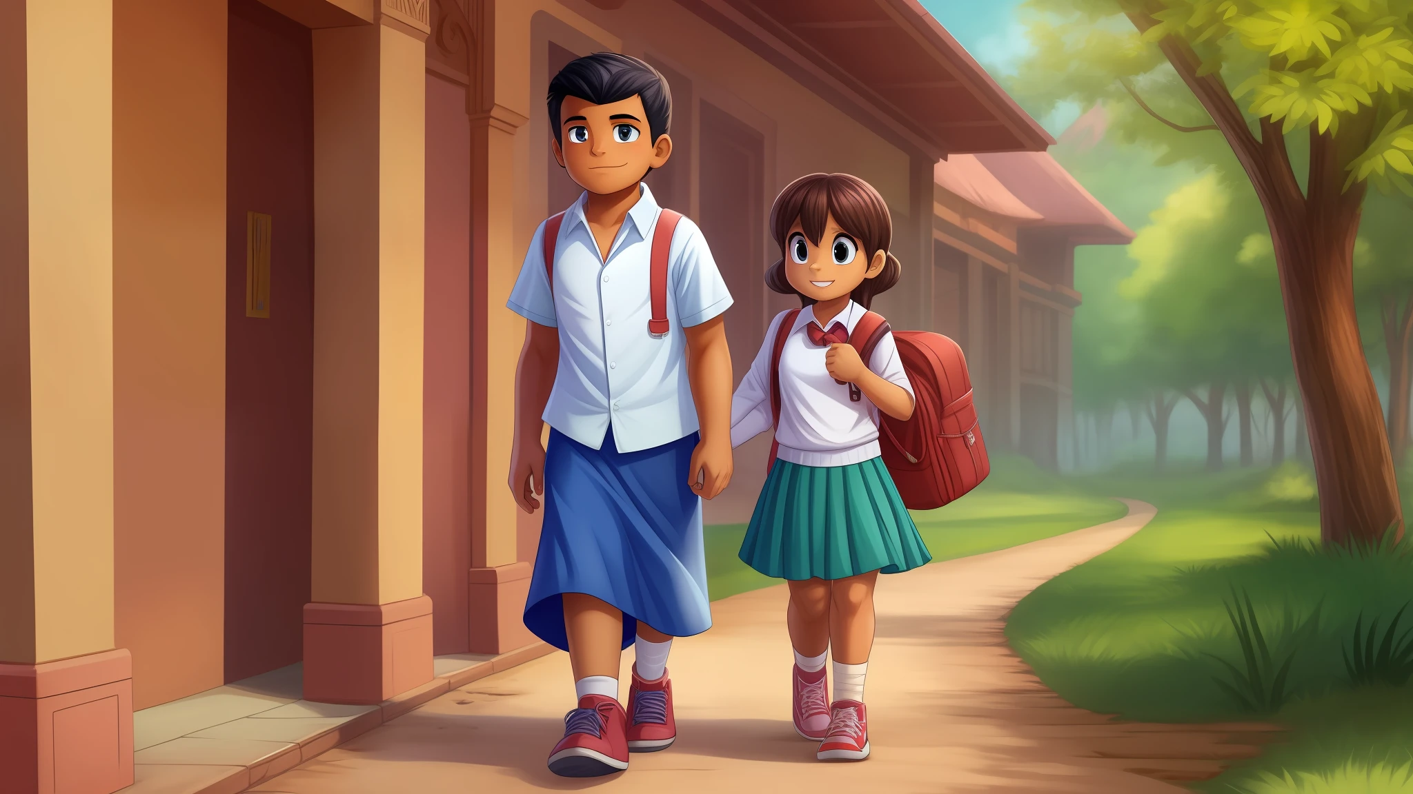 A indian boy and girl going to school in cartoon