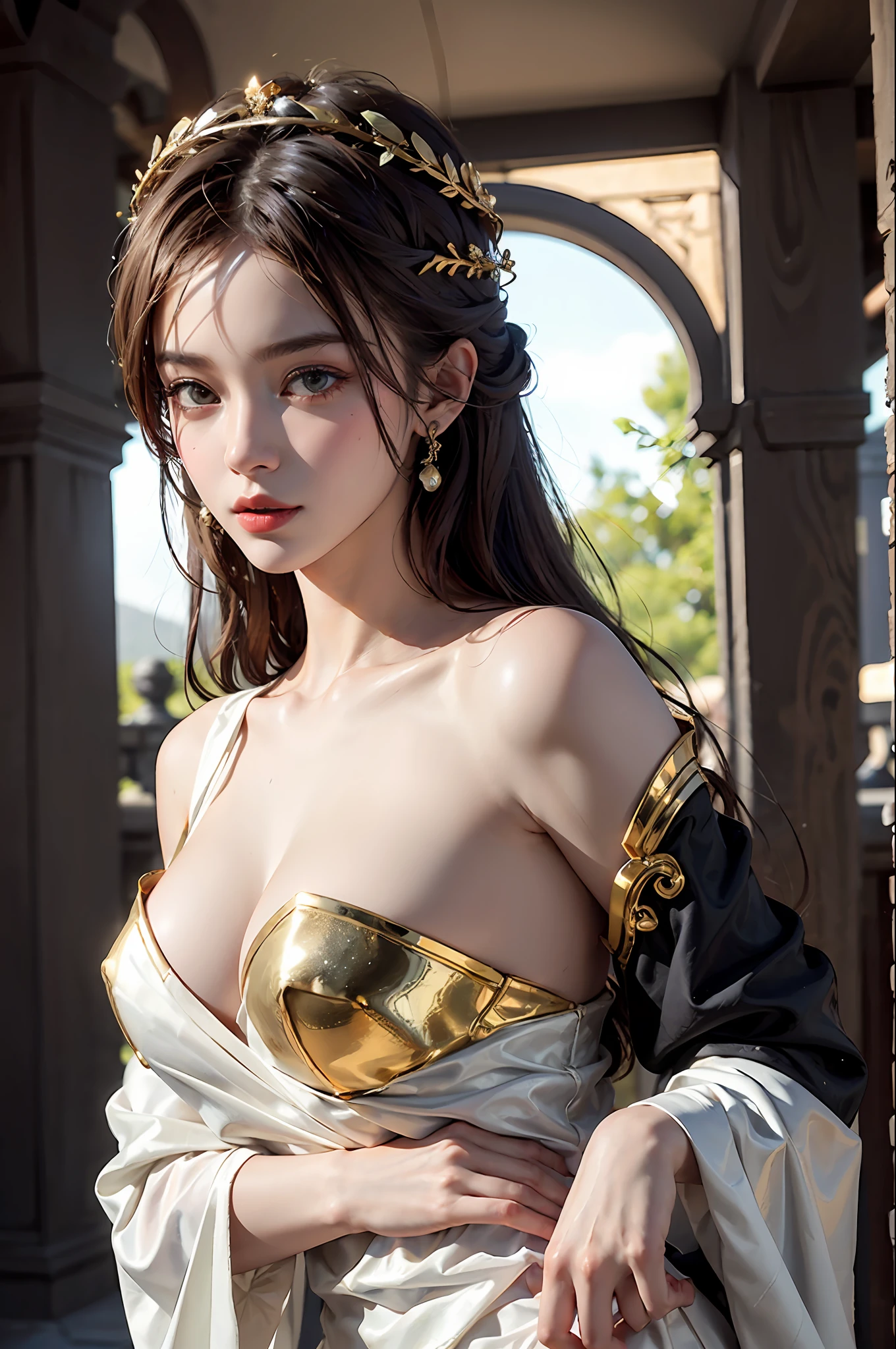 1girl huge large breasts,Greek goddess,Vi delicate and beautiful face,golden hair,Various hairstyles,Garland crown,voluptuous breasts,Convex buttocks,greek clothes,Tulle covers the breasts,perfectly proportioned, Detailed clothing details,Temple,marble,god statue,World Tree,Cinematic lighting, filmgrain, Fujicolor, lightand shade contrast, 8K, 巨作, Textured skin, Super detail, high detailing, High quality, A high resolution,