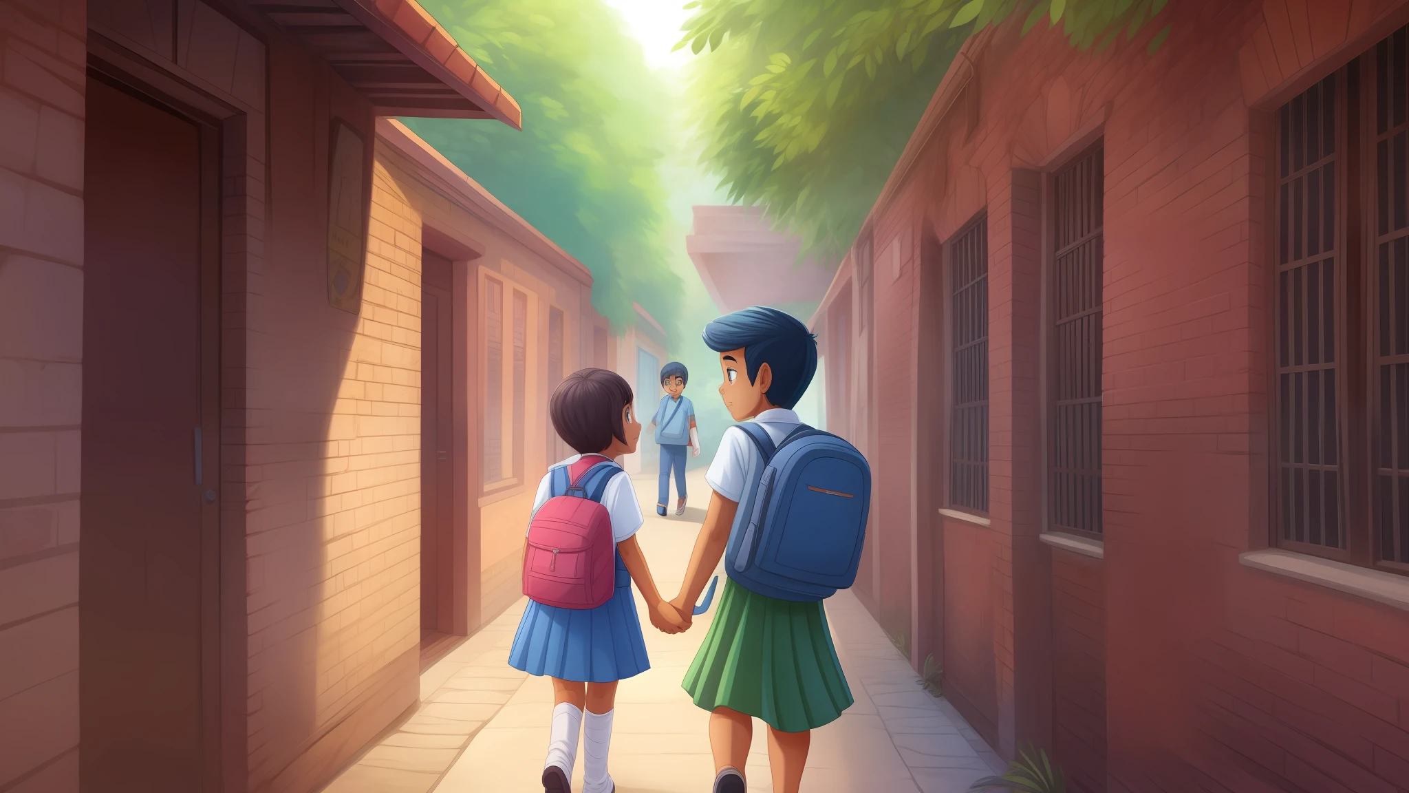 A indian boy and girl going to school in cartoon