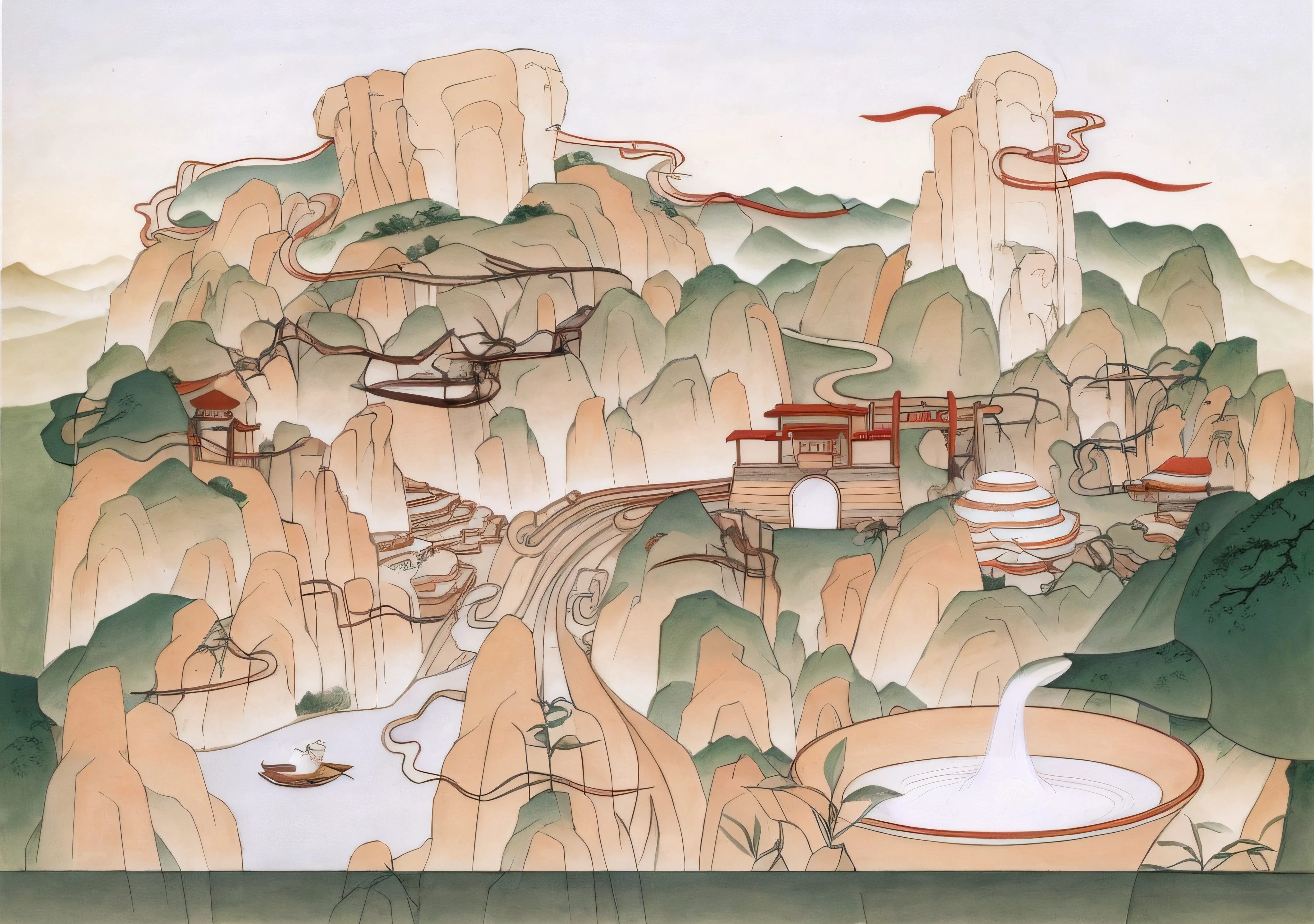 a drawing of a mountain with a house and a bird in it, 2d game lineart behance hd, 2d game lineart behance hd, coloring book page, clean lineart, colouring - in sheet, Chinese landscape, stylized linework, bold lineart, Coloring book outline, lineart behance hd, arte de fundo, clean coloring book page,baiyun,mountain ranges,river stream,Teapot teacup,teals,bamboo raft,Ancient Chinese architecture