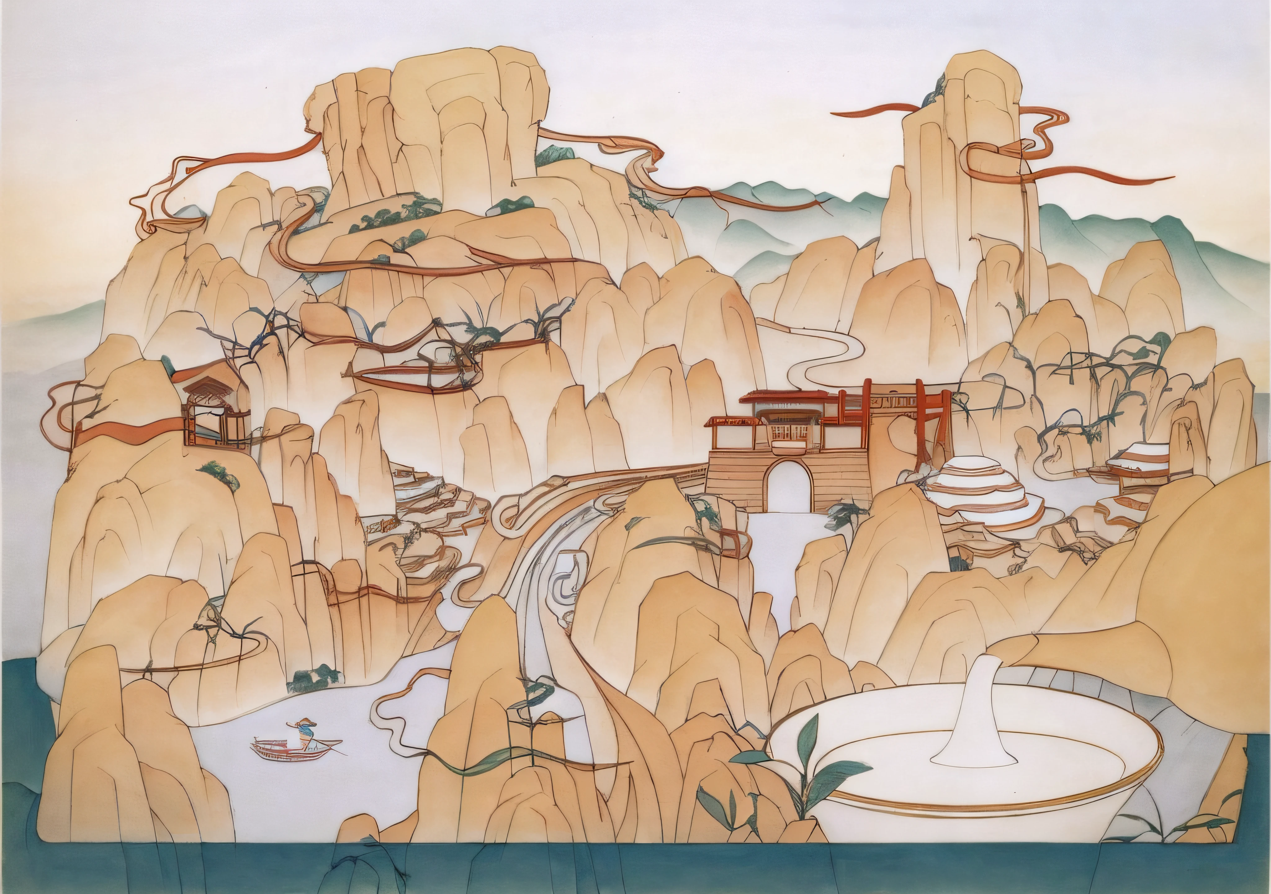 a drawing of a mountain with a house and a bird in it, 2d game lineart behance hd, 2d game lineart behance hd, coloring book page, clean lineart, colouring - in sheet, Chinese landscape, stylized linework, bold lineart, Coloring book outline, lineart behance hd, arte de fundo, clean coloring book page,baiyun,mountain ranges,river stream,Teapot teacup,teals,bamboo raft,Ancient Chinese architecture