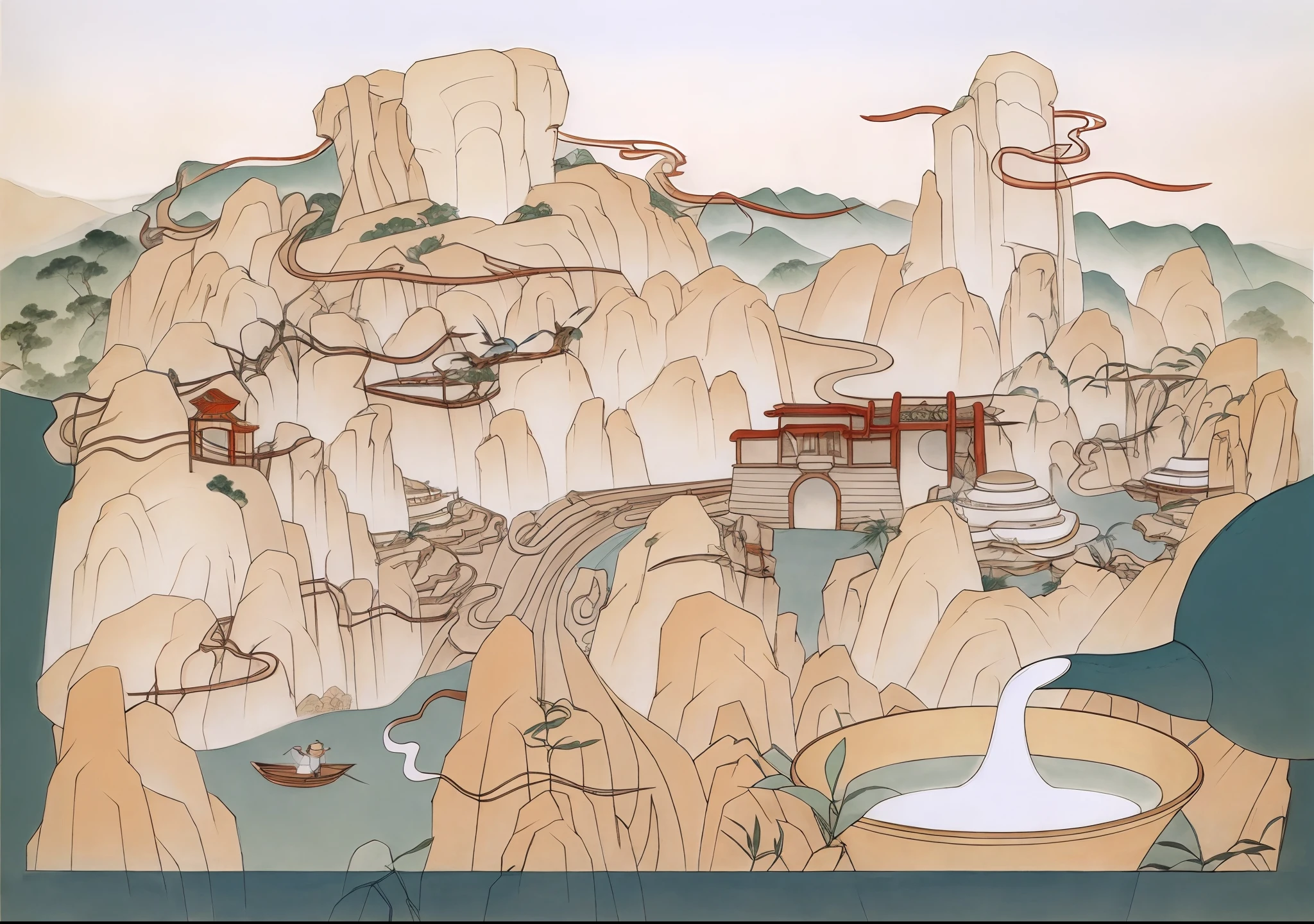 a drawing of a mountain with a house and a bird in it, 2d game lineart behance hd, 2d game lineart behance hd, coloring book page, clean lineart, colouring - in sheet, Chinese landscape, stylized linework, bold lineart, Coloring book outline, lineart behance hd, arte de fundo, clean coloring book page,baiyun,mountain ranges,river stream,Teapot teacup,teals,bamboo raft,Ancient Chinese architecture
