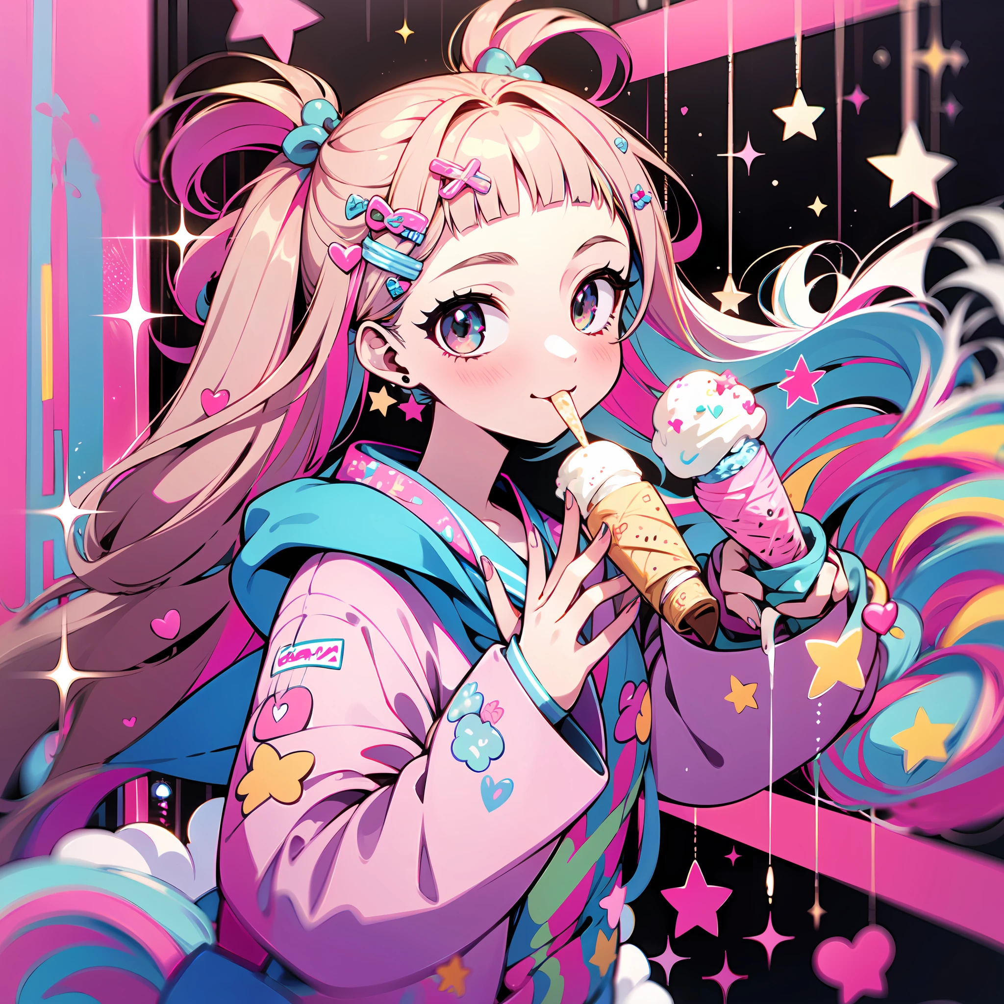 ((1girl)), halfbody, portrait, ice cream, napolitan flavor, ((color palette: brown, pink, vanilla off-white)), pretty, hearts, sparkles, star effects, bokeh, cute, happy, jumping floating, pattern background, ice cream shop, icecream car, 🍦🍨🍭, tasty trifecta of classic ice cream flavors, decora, hairclips, harajuku fashion outfit, harajuku