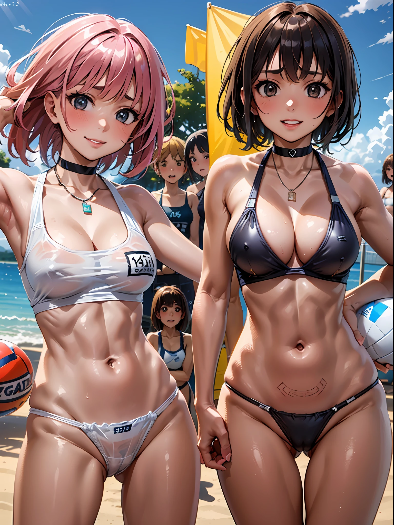 NSFW, (4+girls:1.5), (alternate athlete swimsuit pool), tanned skin, dark tanned skin, oil, abs:1.5, line up, girls playing beach volley, ball of beach volley, net, masterpiece, top quality, ultra high definition, highest resolution, very detailed, perfect face, professional lighting, clean skin, CG illustration, slender, very cute, young face, cleavage, lower breast, wet body, (breasts out:1.4), different hair colors, short hair, pixie haircut, semi-long hair, different hair cuts, hair ribbon, blush, navel, from below, wet body, (breasts out: 1.4), (plastic bag 1.2), transparent swimsuit, beach, sand, water, (wind: 1.3), girls playing behind, showing ass, black necklace choker