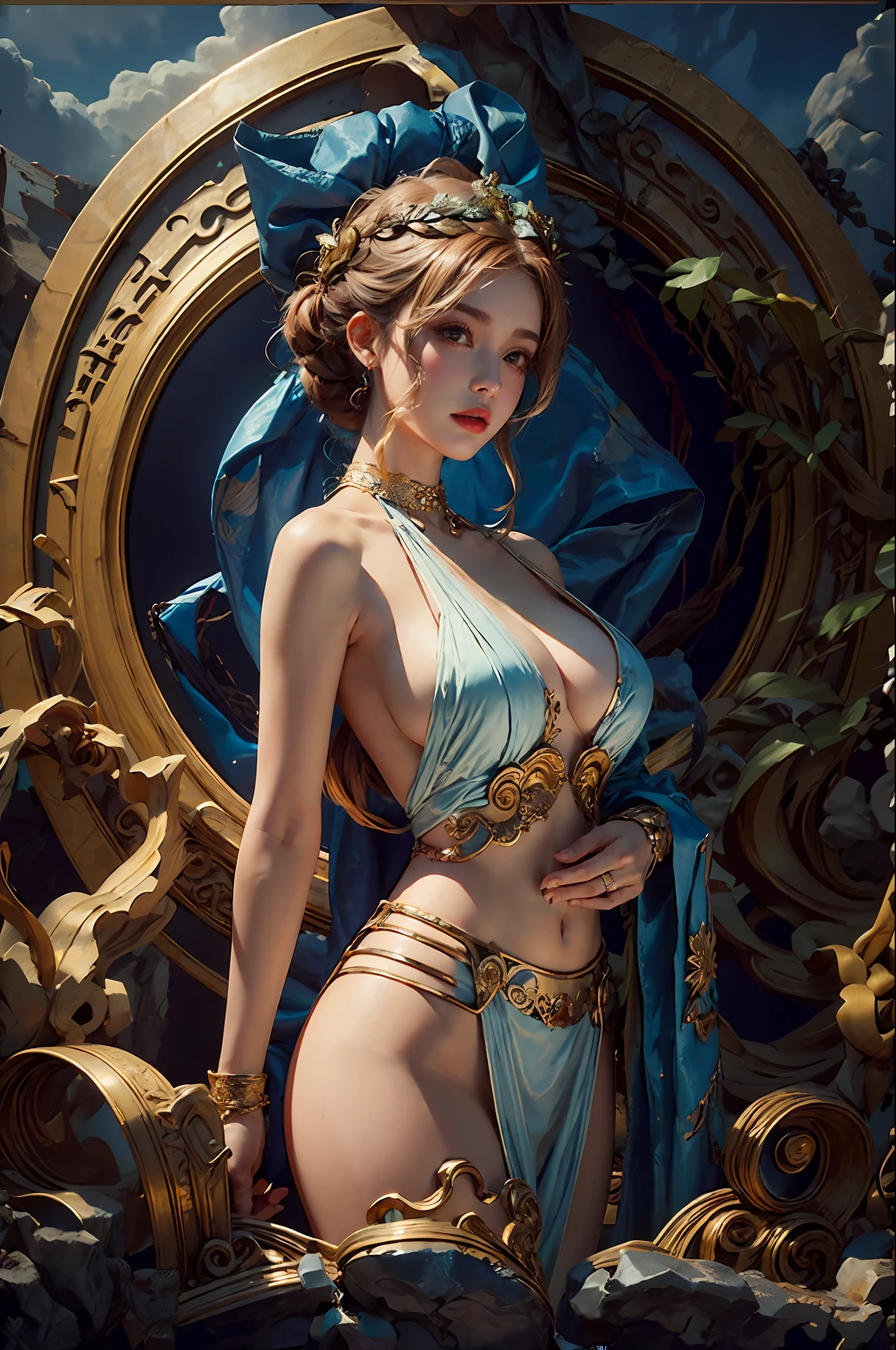 1girl huge large breasts,Greek goddess,Vi delicate and beautiful face,golden hair,Various hairstyles,Garland crown,voluptuous breasts,Convex buttocks,greek clothes,Tulle covers the breasts,perfectly proportioned, Detailed clothing details,Temple,marble,god statue,World Tree,Cinematic lighting, filmgrain, Fujicolor, lightand shade contrast, 8K, 巨作, Textured skin, Super detail, high detailing, High quality, A high resolution,