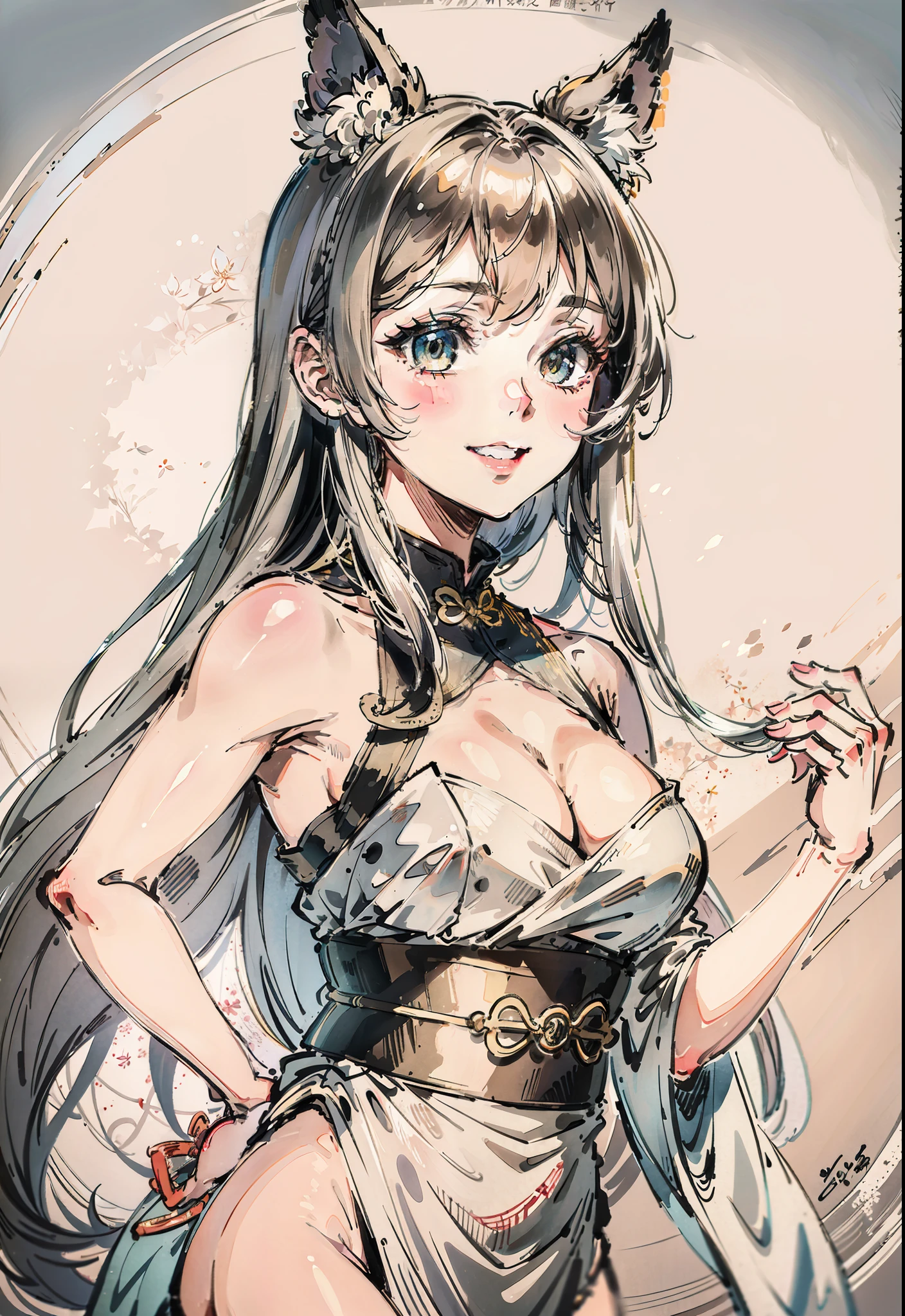 (巨作)、Best Quority、Good anatomy、(1girl in:1)、(Upper body body)、(a smile)、stunningly beautiful、length hair、has silver hair、Half Fox、(Hanff)、(Etch 0.5)、(The tree:0.5)、(florals:0.6)、(bamboo grove:0.2)、(Ogawa:0.2)、(flod:0.2)、(milkyway:0.2)、