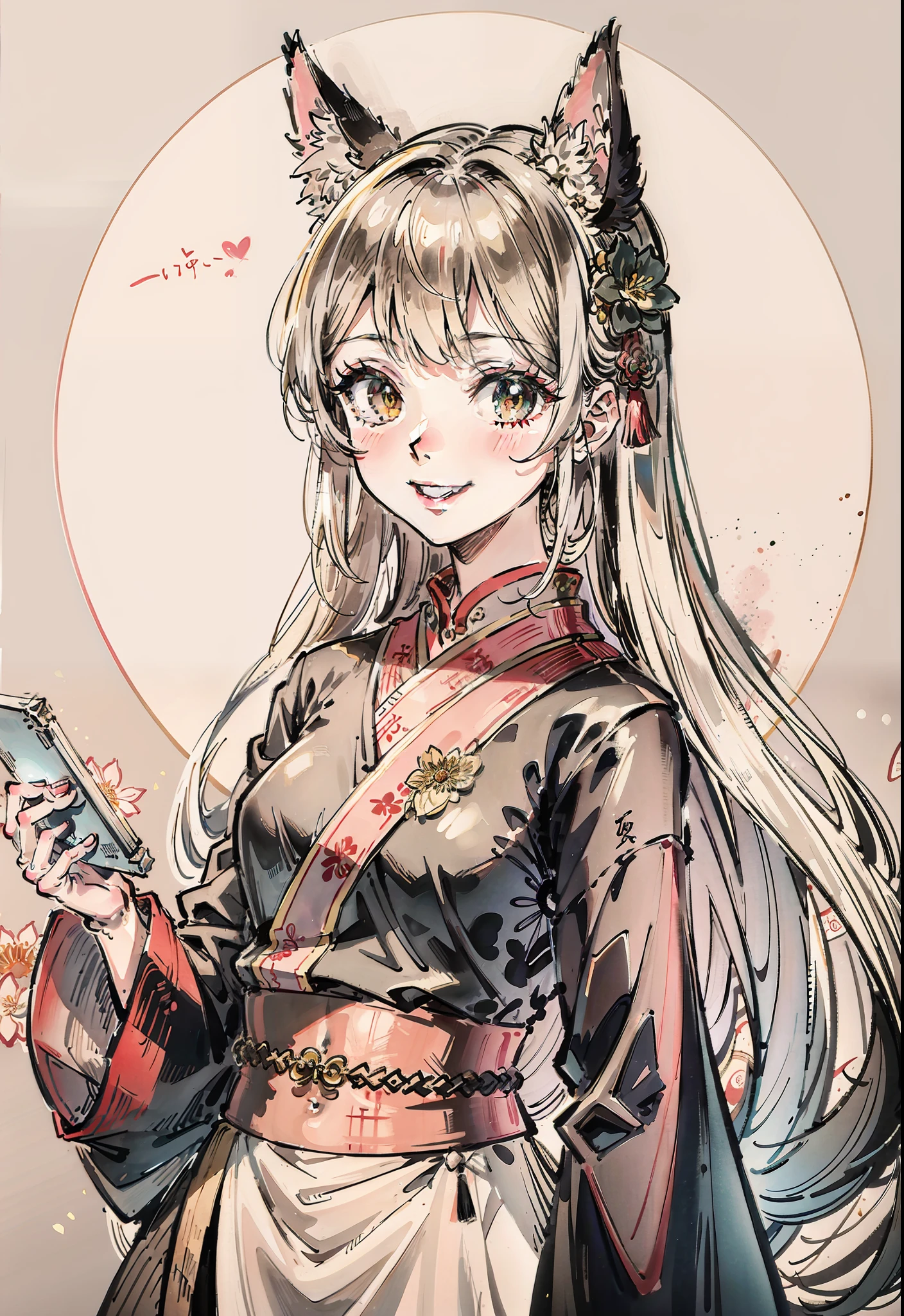 (巨作)、Best Quority、Good anatomy、(1girl in:1)、(Upper body body)、(a smile)、stunningly beautiful、length hair、has silver hair、Half Fox、(Hanff)、(Etch 0.5)、(The tree:0.5)、(florals:0.6)、(bamboo grove:0.2)、(Ogawa:0.2)、(flod:0.2)、(milkyway:0.2)、