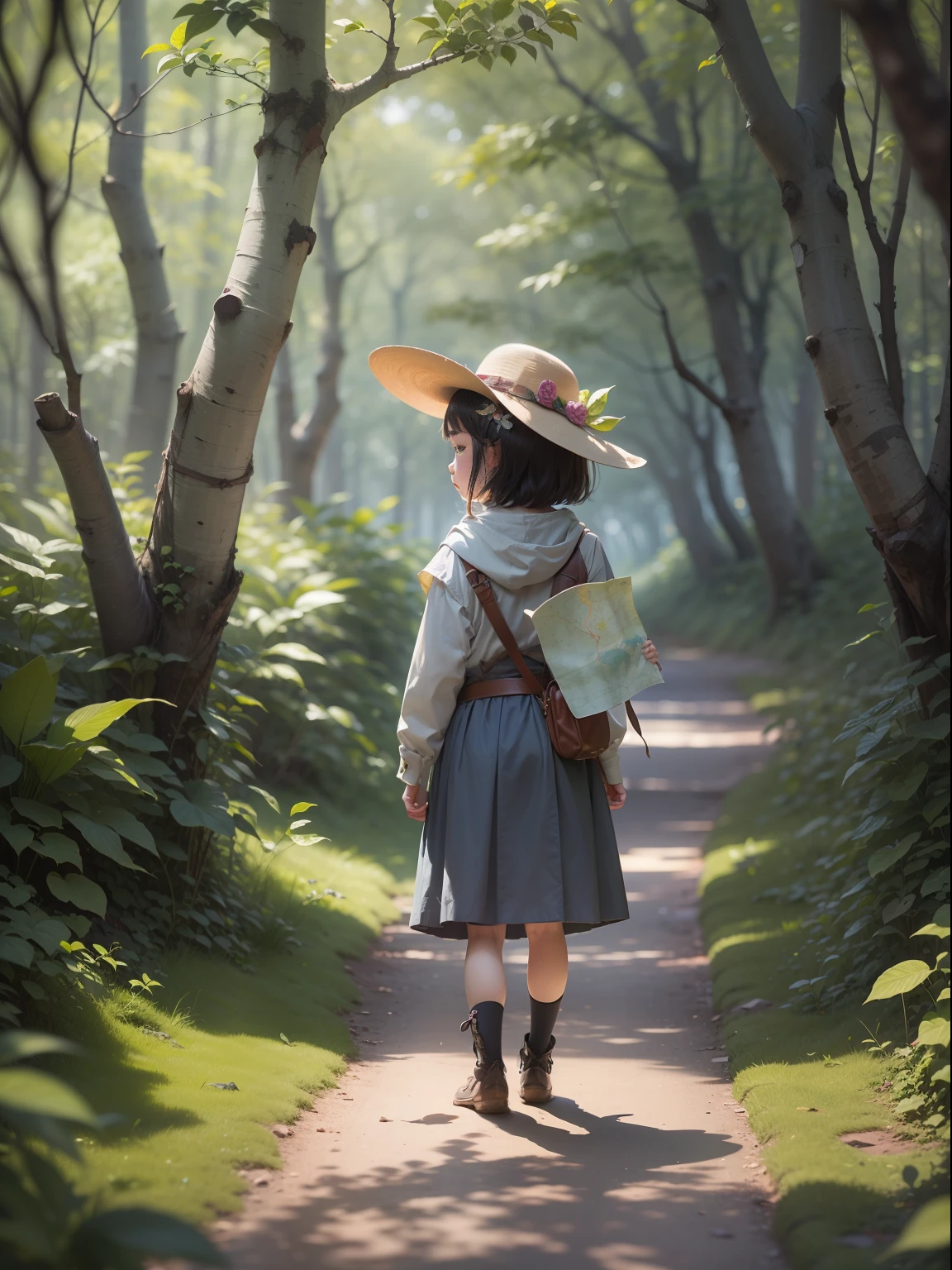 A little girl stands at the entrance of the forest、He is shown holding a map showing the path to the Wizard Forest.。