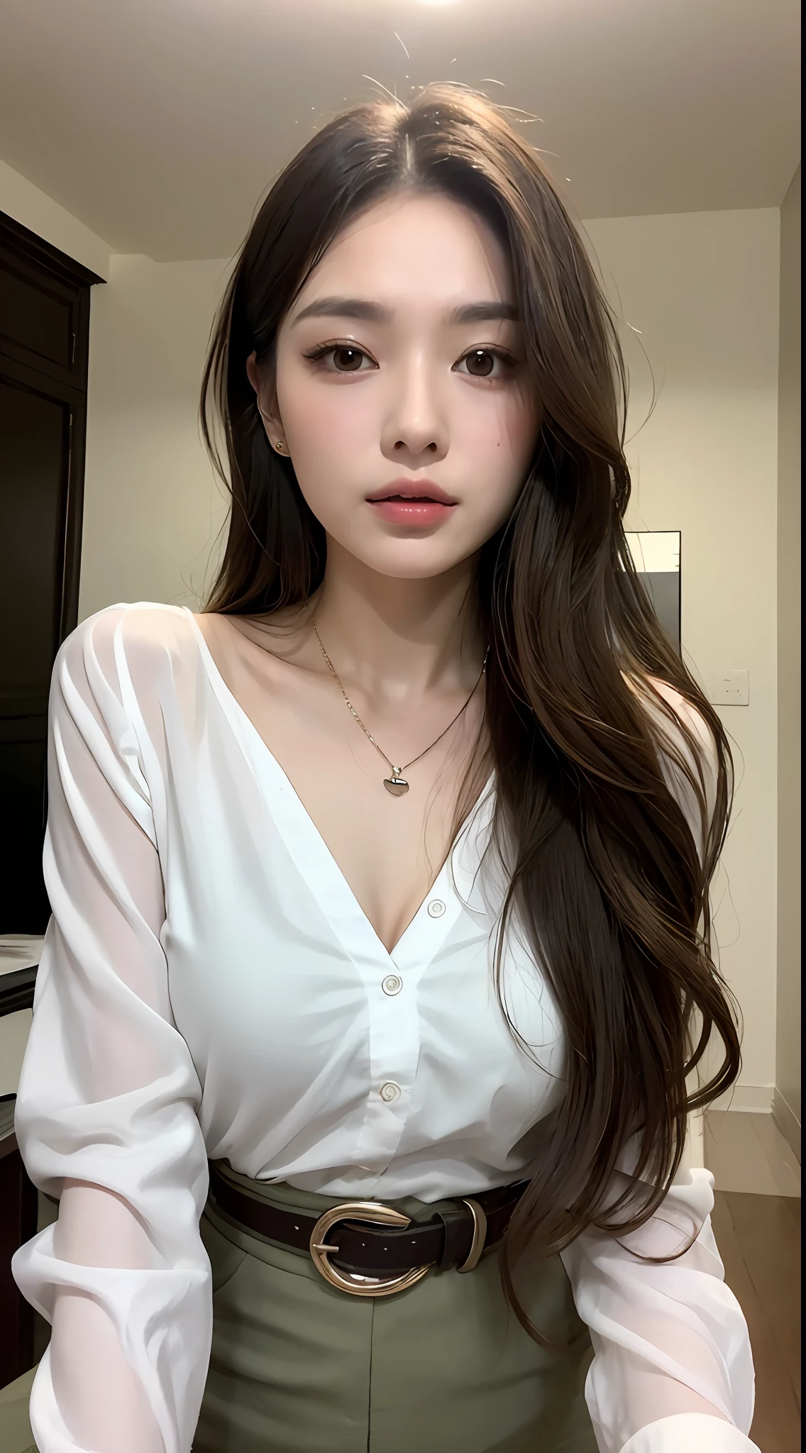 (最好质量、A high resolution、巨作:1.3)、Tall and cute woman、Slender abs、Dark brown hair styled in loose waves、tits、Wearing a pendant、White button-up shirt、a belt、Black skirt、(Background inside the house)、Details exquisitely rendered in the face and skin texture、detailed eye、双眼皮