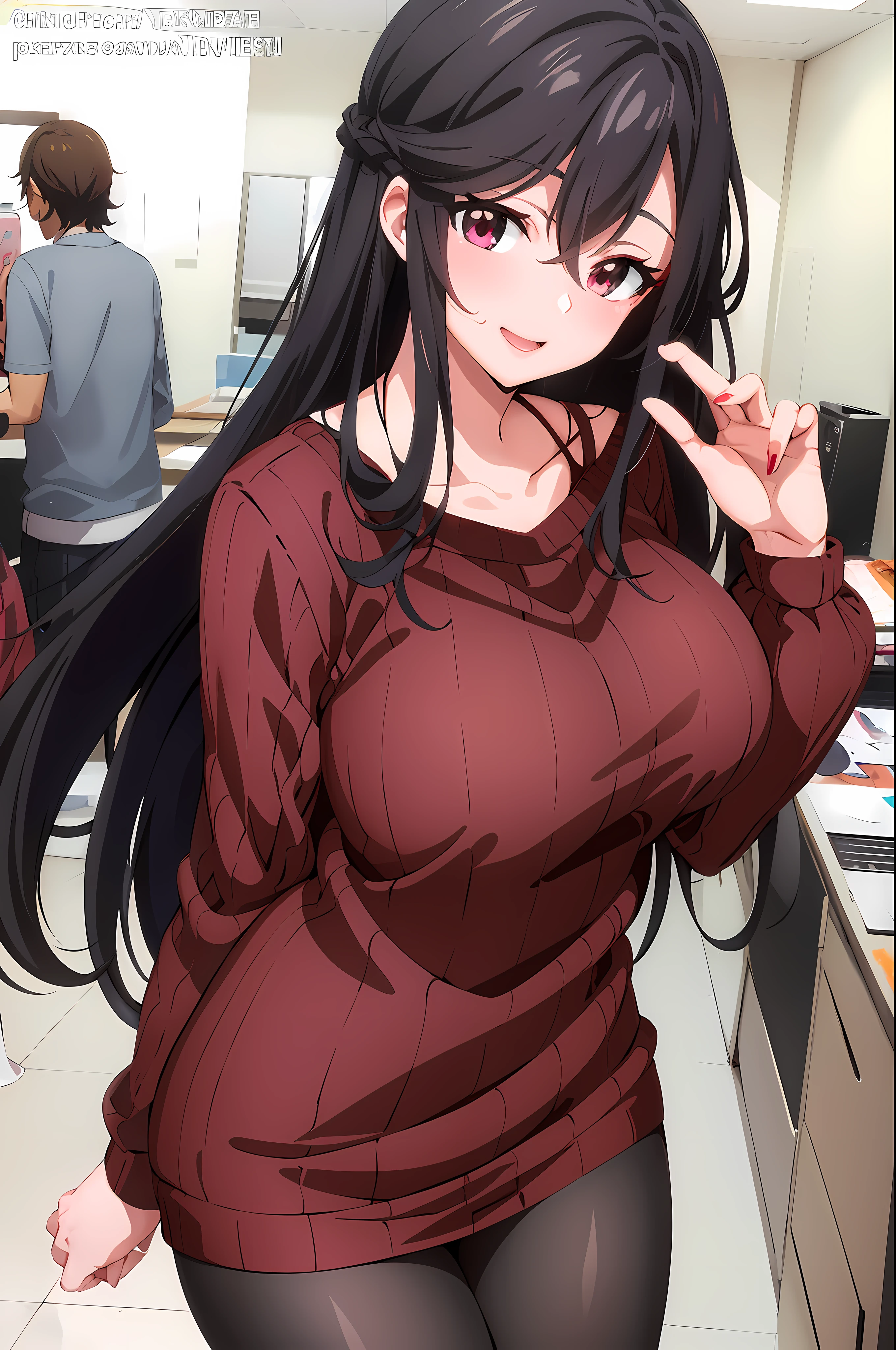 anime girl with long black hair and a red shirt posing in a room, Tohsaka also., Anime Moe Artstyle, (SFW) Seguro para el trabajo, OPPAI, seductora chica de anime, Estilo anime ecchi, Novela visual CG, ; Novela visual, Marin Kitagawa Fanart, Anime CG arte suave, sonrisa burlona, Pintado en Anime Painter Studio, Atractiva chica de anime