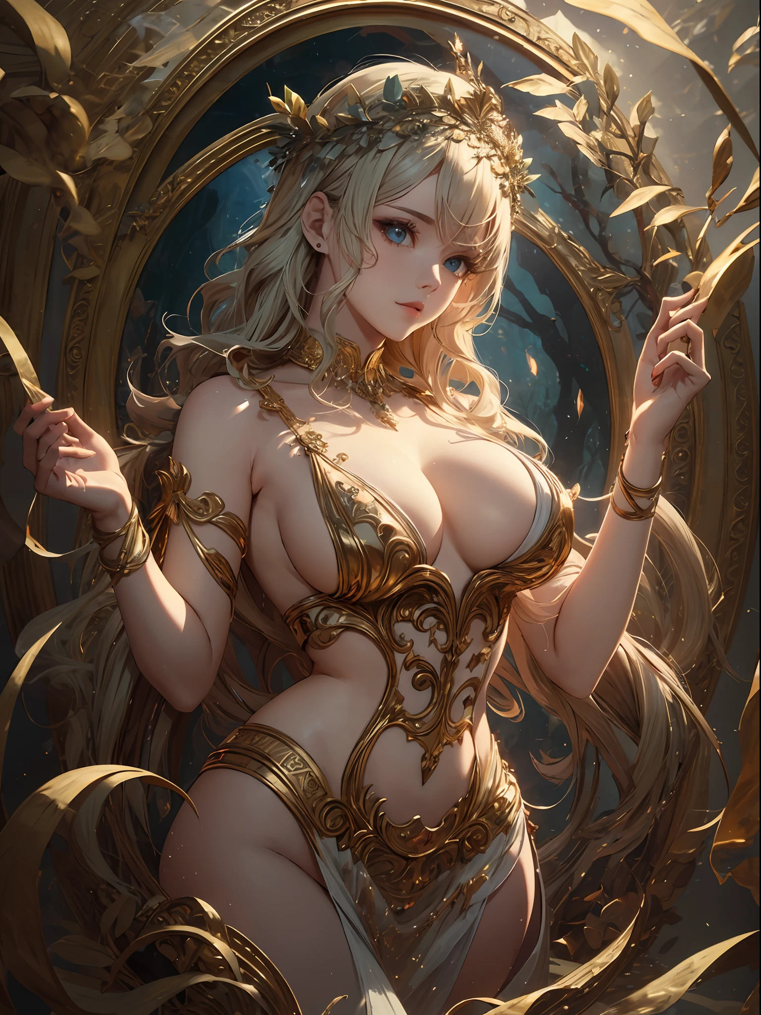 1girl huge large ,Greek goddess,Vi delicate and beautiful face,golden hair,Various hairstyles,Garland crown,voluptuous breasts buttocks,greek,Tulle covers the breasts,perfectly propd, Detailed clothing details,Temple,marble,god statue,World Tree,Cinematic lighting, filmgrain, Fujicolor, lightand shade contrast, 8K, 巨作, Textured skin, Super detail, high detailing, High quality, A high resolution,
