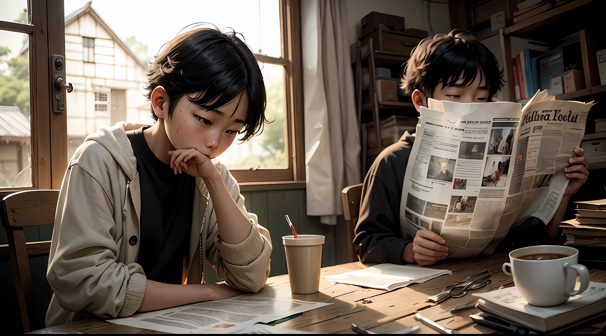 a Japanese ager reading a newspaper inside a rustic workshop --auto