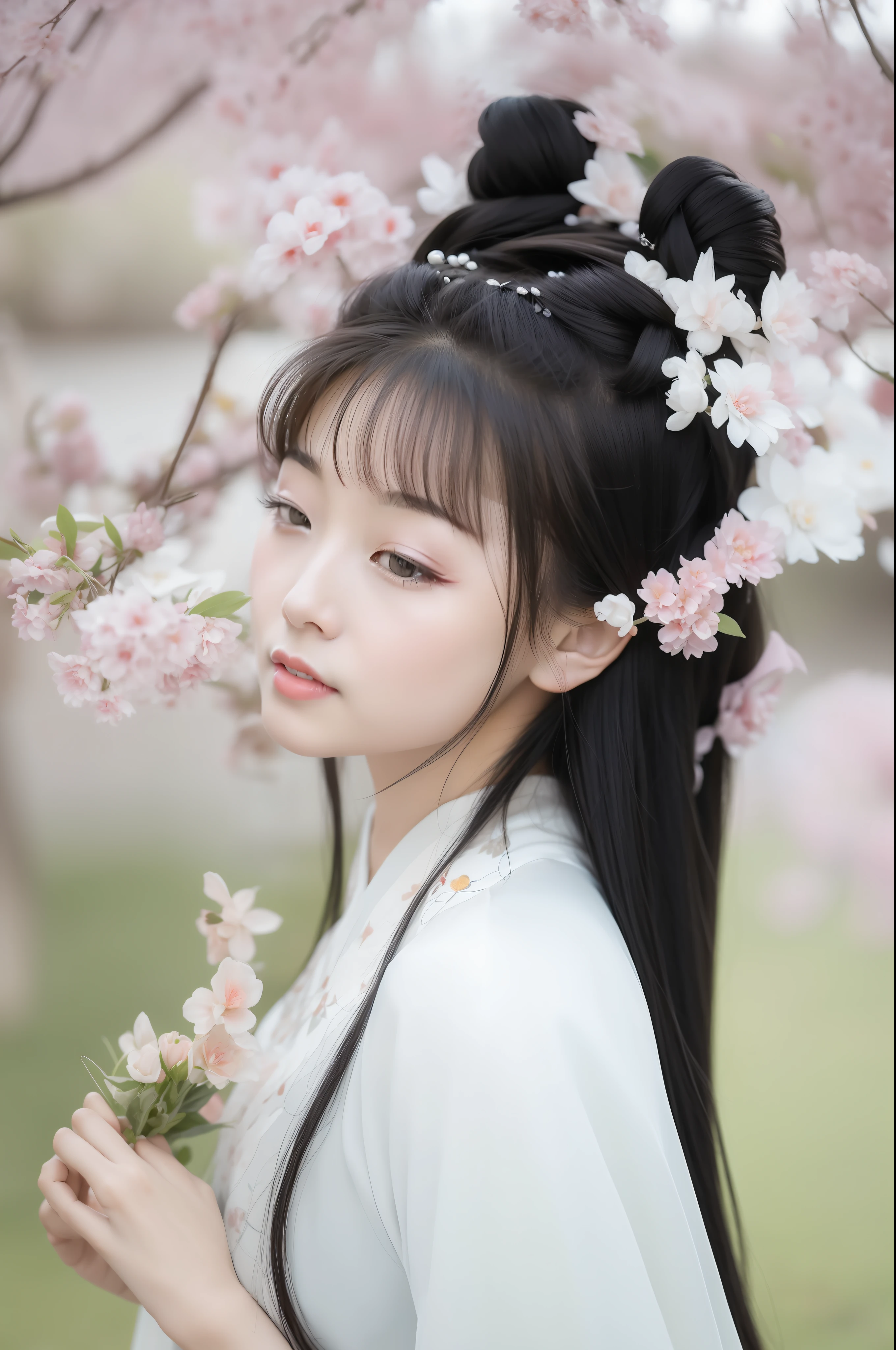 alafed asian woman,cabelos preto e longos,A flower stuck in his hair, royal palace , A girl in Hanfu, Middle metaverse, White Hanfu, Hanfu, beautiful portrait image, spring goddess, author:Leng Mei, Portrait photo of a beautiful, beautiful Japan girl face, Beautiful image, very beautiful photograph of, geisha photo portrait,high definition detail,8k