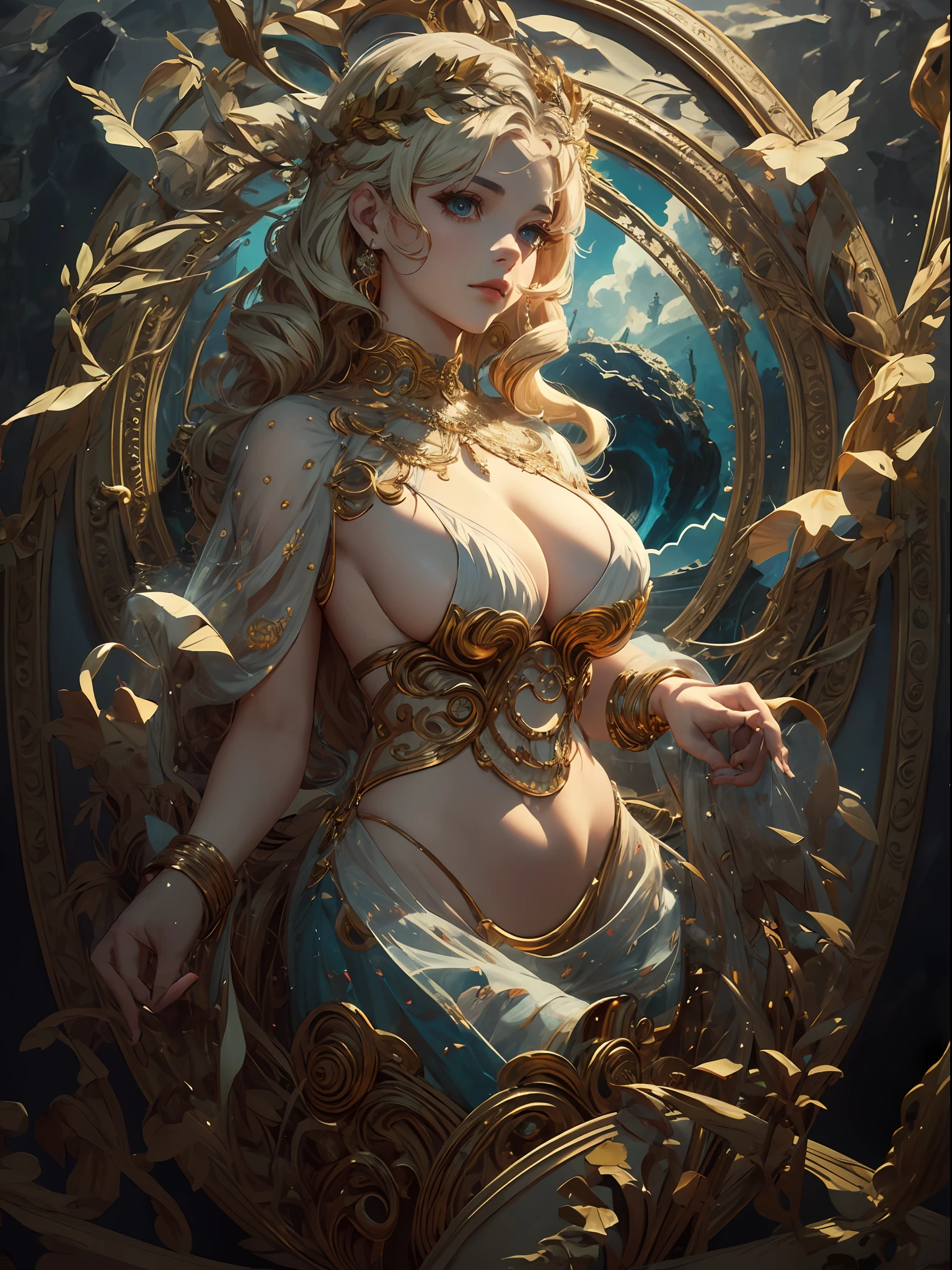 1girl huge large breasts,Greek goddess,Vi delicate and beautiful face,golden hair,Various hairstyles,Garland crown,voluptuous breasts,Convex buttocks,greek clothes,Tulle covers the breasts,perfectly proportioned, Detailed clothing details,Temple,marble,god statue,World Tree,Cinematic lighting, filmgrain, Fujicolor, lightand shade contrast, 8K, 巨作, Textured skin, Super detail, high detailing, High quality, A high resolution,