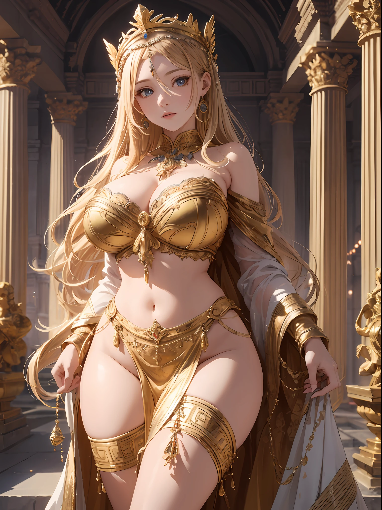 1girl huge large breasts,Greek goddess，Vi delicate and beautiful face,golden hair，Various hairstyles，Garland crown，voluptuous breasts，Convex buttocks，greek clothes，Tulle covers the breasts，perfectly proportioned, Detailed clothing details,Temple，marble，god statue，World Tree，Cinematic lighting, filmgrain, Fujicolor, lightand shade contrast, 8K, 巨作, Textured skin, Super detail, high detailing, High quality, A high resolution,