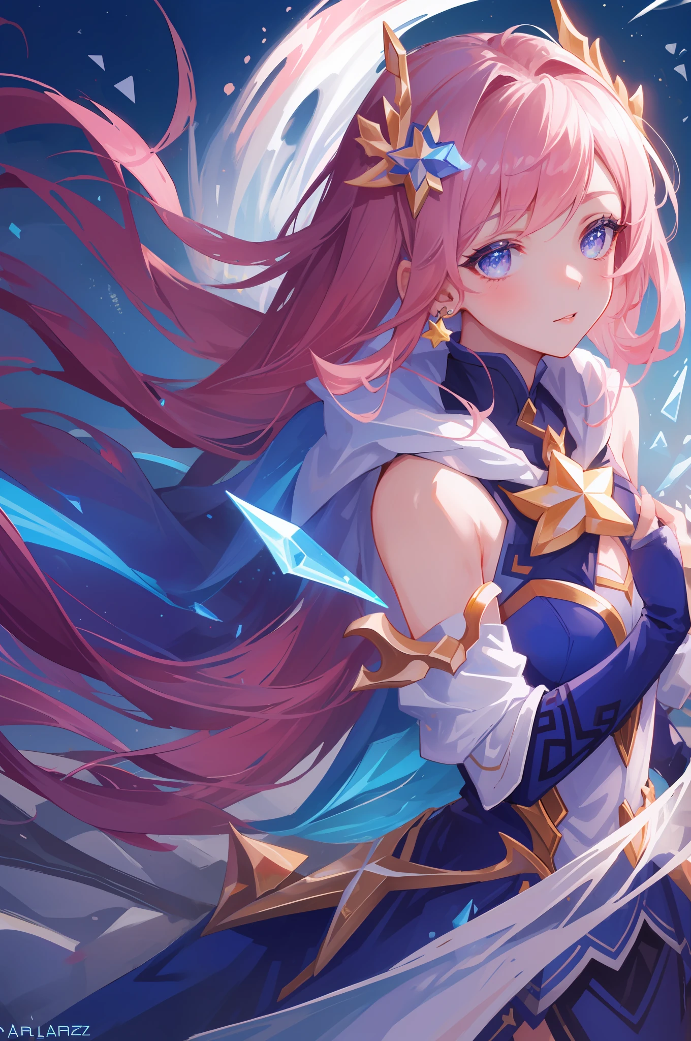 (masterpiece, best quality), intricate details, 8k, artstation, sharp focus, 1girl, star guardian, league of legends, (pink, blue, purple color theme)