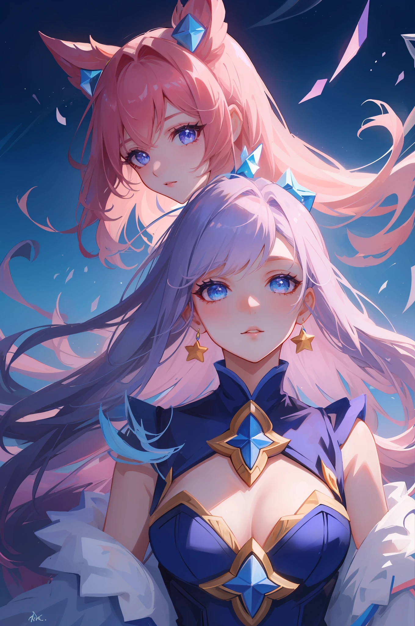 (masterpiece, best quality),  intricate details, 8k, artstation, sharp focus, 1girl, star guardian, league of legends, (pink, blue, purple color theme)