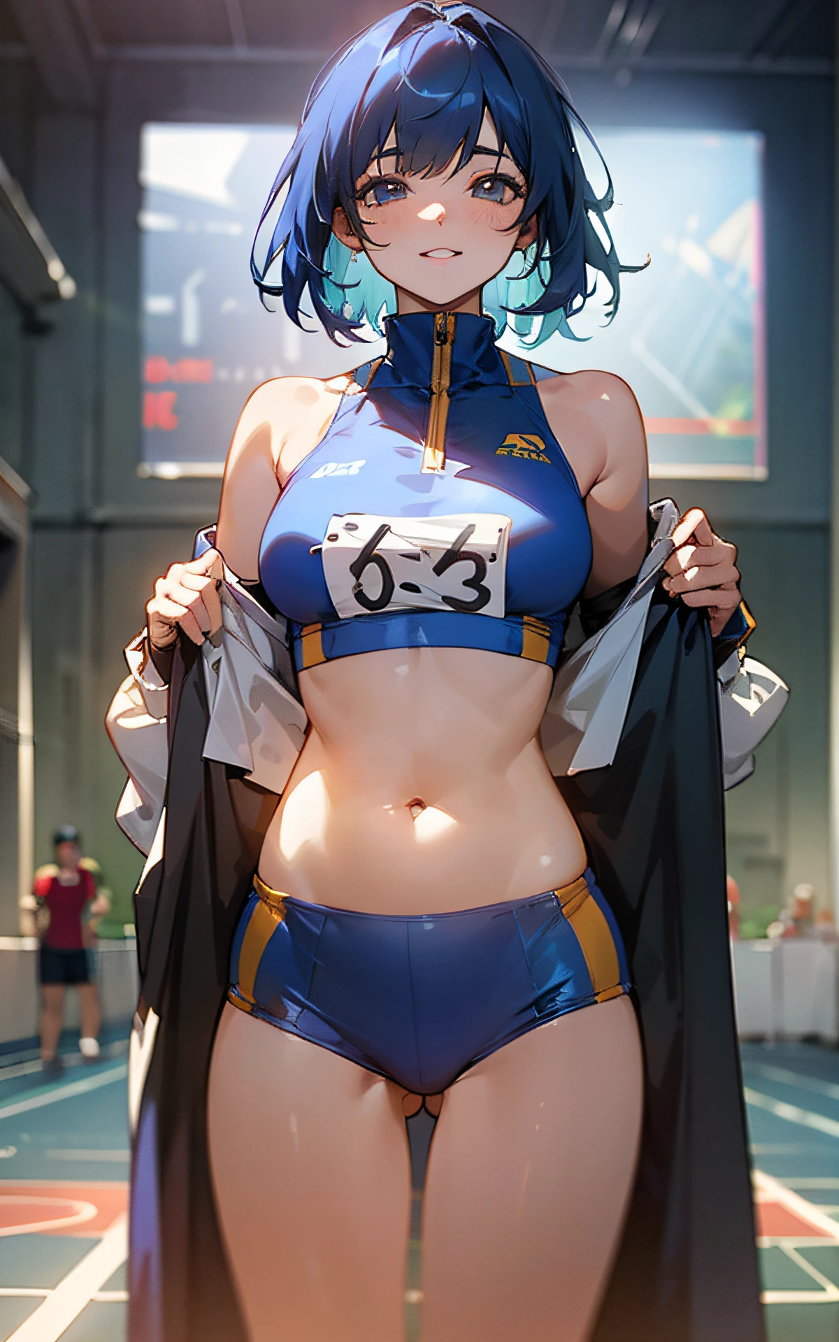 (Original Character、Unity 16K Wallpaper, Masterpiece, Best Quality, Ultra-Detailed, Extremely Detailed CG, Caustics, Cinematic Lighting, Detailed, Beautiful Detailed Eyes, solo), Ultra High Resolution, fine skin, (track and field:1.2) 、(strong light)、oily skin,smile , from front:1.2、(sexy women)、Arena、full body shot、separate、racing bloomers、show off belly,show off neck,sunny day、cowboy shot,dark blue hair