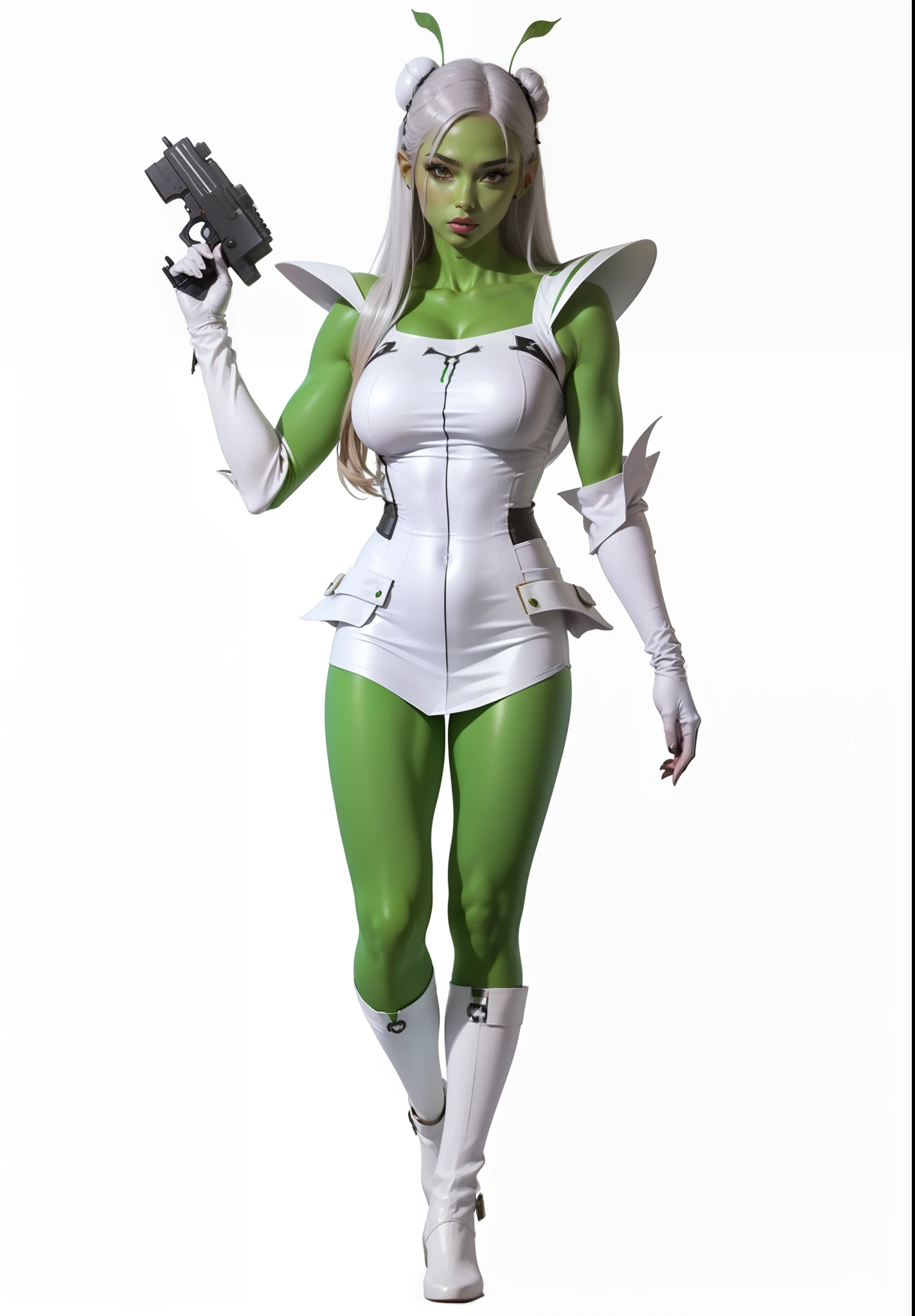 Estilo anime quase realista, Mulher alien pele verde com uma roupa sexy