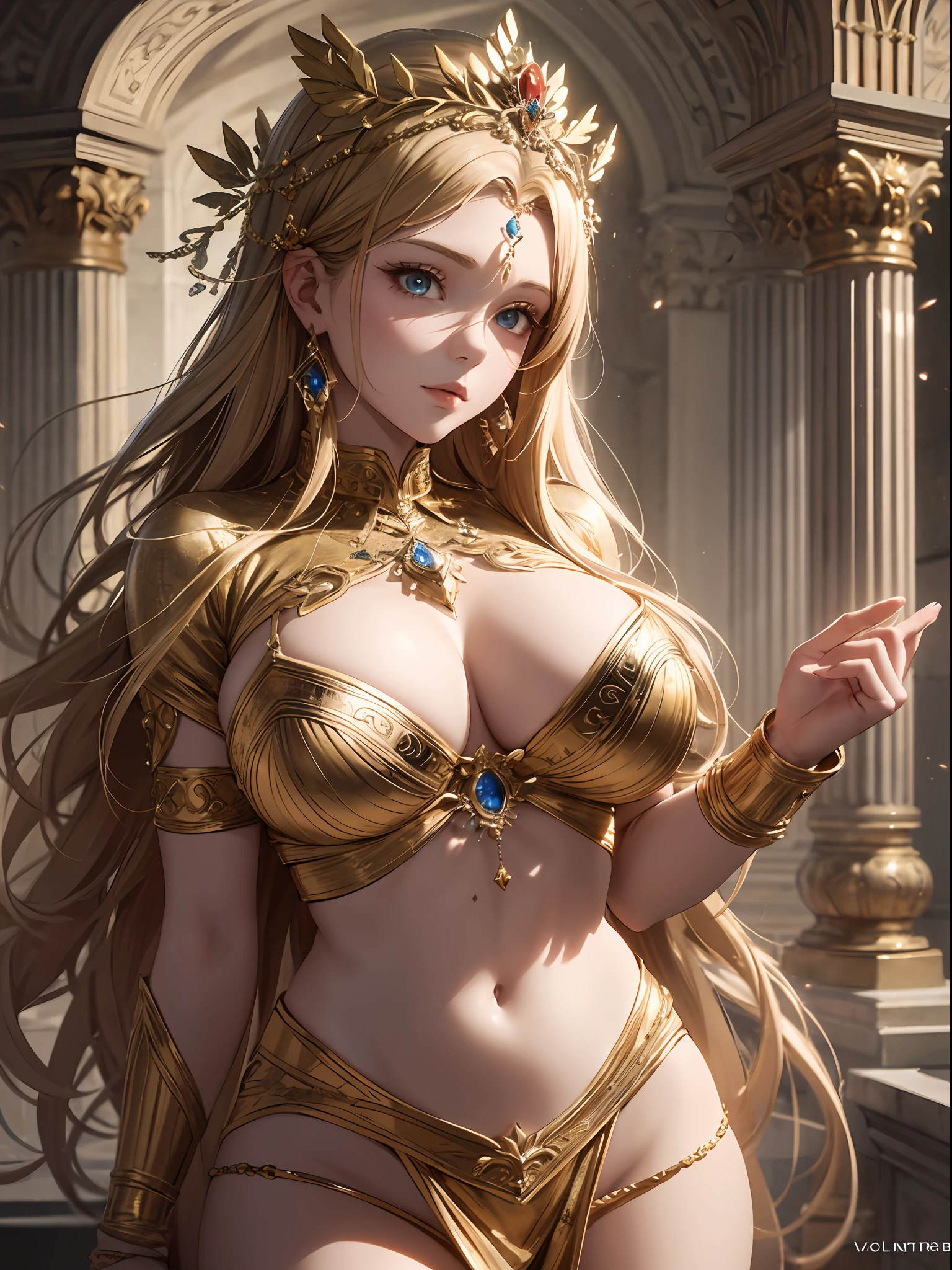 1girl huge large breasts,Greek goddess，Vi delicate and beautiful face,golden hair，Various hairstyles，Garland crown，voluptuous breasts，Convex buttocks，greek clothes，Tulle covers the breasts，perfectly proportioned, Detailed clothing details,Temple，marble，god statue，World Tree，Cinematic lighting, filmgrain, Fujicolor, lightand shade contrast, 8K, 巨作, Textured skin, Super detail, high detailing, High quality, A high resolution,