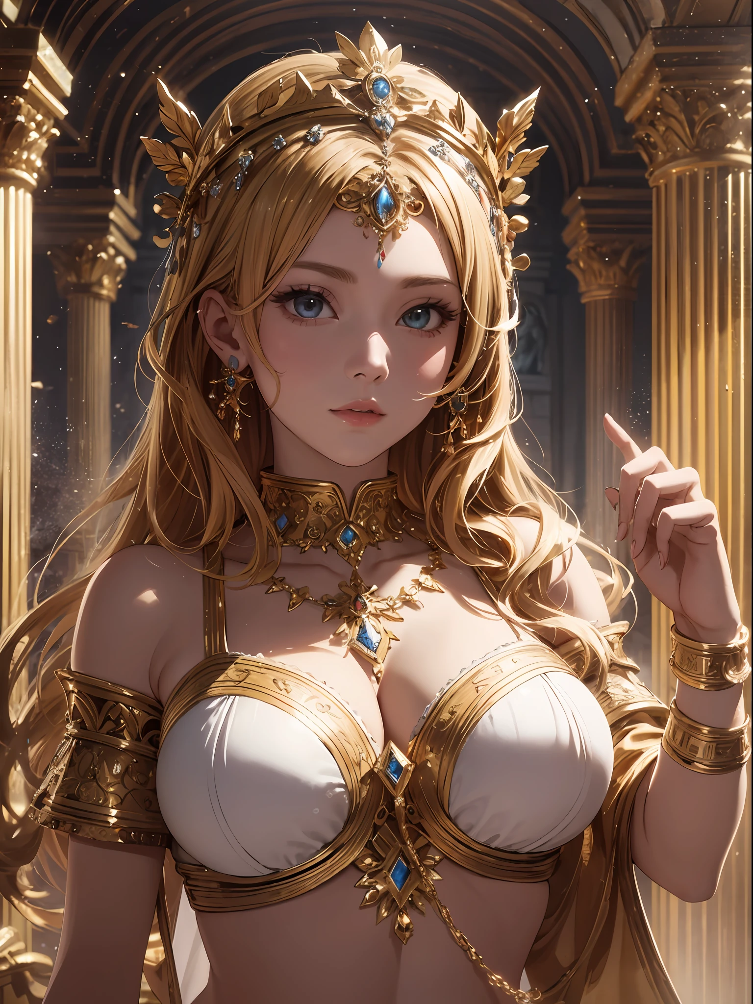 1girl huge large breasts,Greek goddess，Vi delicate and beautiful face,golden hair，Various hairstyles，Garland crown，voluptuous breasts，Convex buttocks，greek clothes，Tulle covers the breasts，perfectly proportioned, Detailed clothing details,Temple，marble，god statue，World Tree，Cinematic lighting, filmgrain, Fujicolor, lightand shade contrast, 8K, 巨作, Textured skin, Super detail, high detailing, High quality, A high resolution,