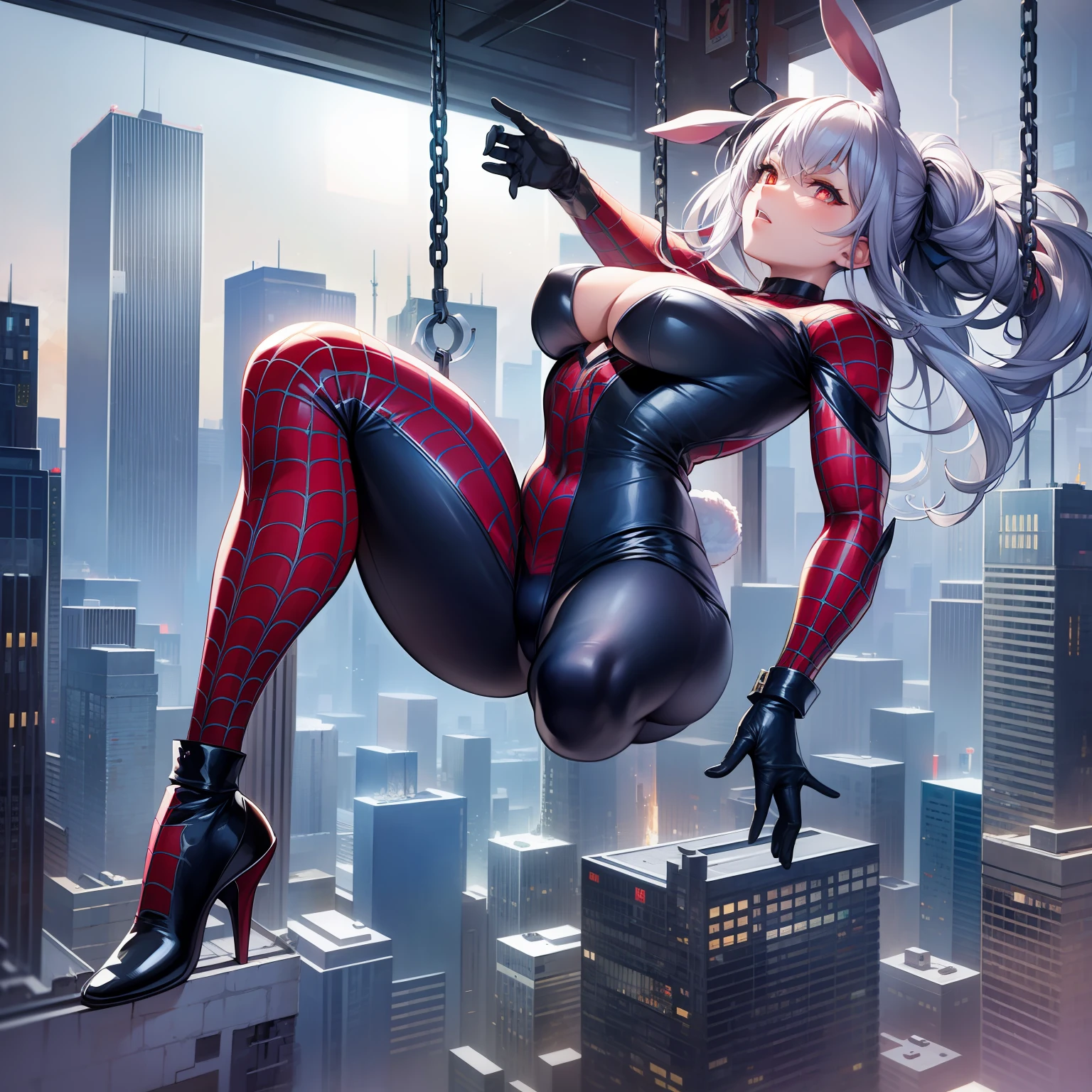 Full body portrait, spider-man cosplay, swinging through buildings in a spider's web, sprawling metropolis in futuristic dystopia, rabbit-shaped pupils, masterpiece, best quality, CG, wallpaper, HDR, high quality, high-definition, extremely detailed, 1girl,