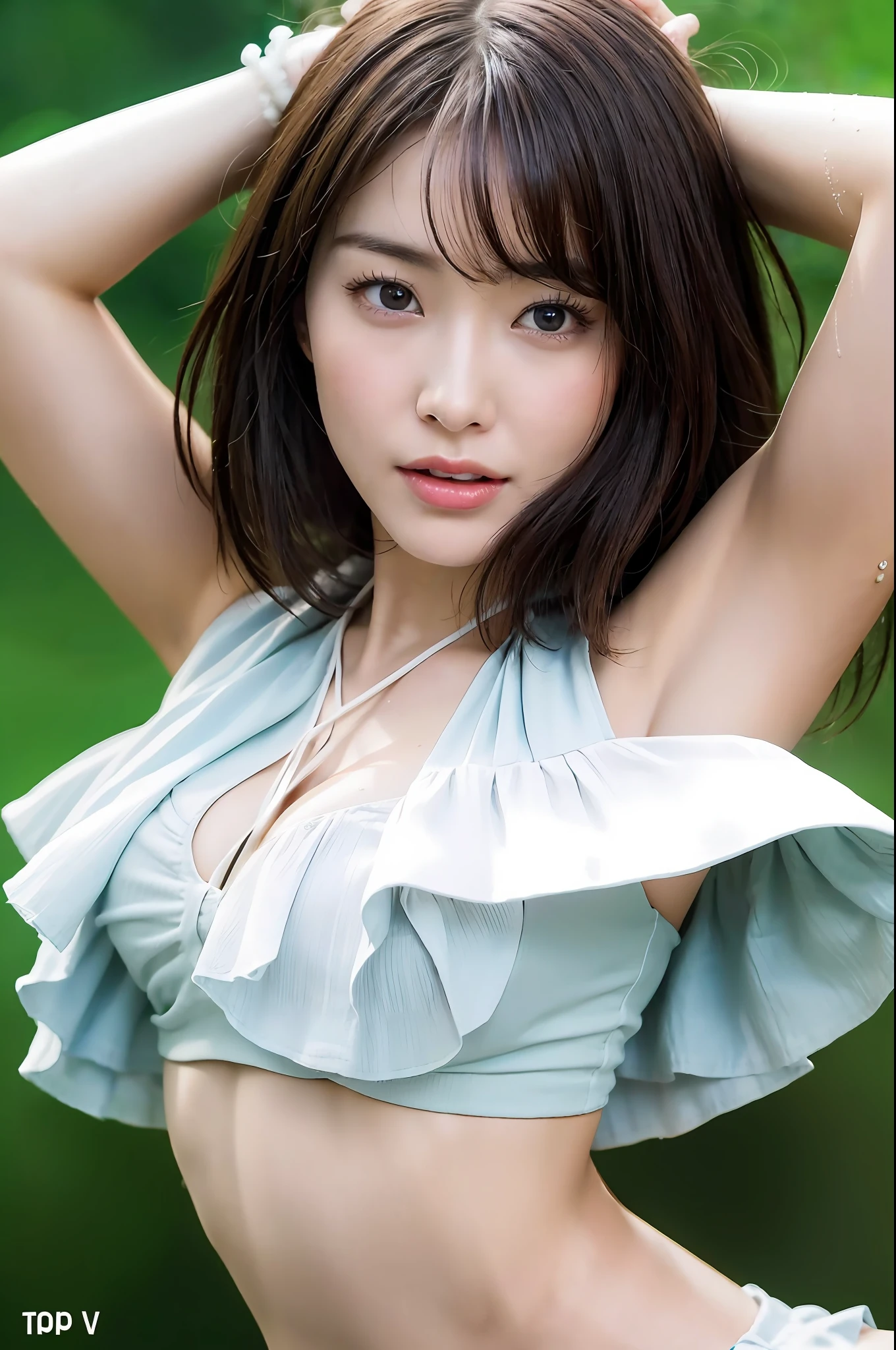 1girl, Ultra detailed skin, toView, brown-eyed, (short shoulder-length hair with bangs:1.2), (photoreallistic:1.4), (Top image quality:2.0), (ultra-high-resolution:1.0), 8K, (巨作:1.5), (pureerosface_v1:1.5),big eye,Dynamic lighting,The skin is wet and shiny,Pink glowing lips,White and beautiful skin,(sexual excitement:1.1),Face close-up,face focus,