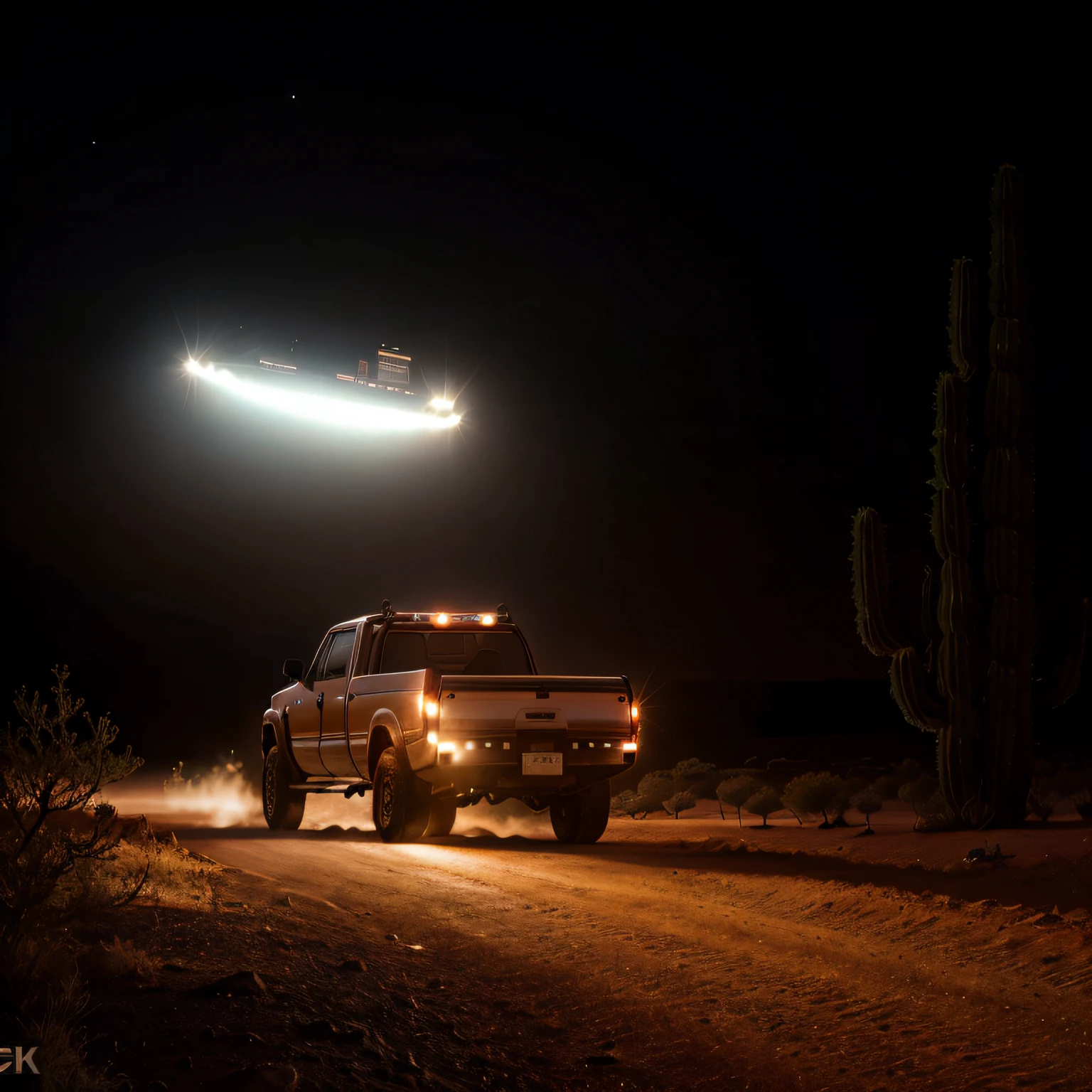 uma pick-up encontra um disco voador no deserto, imagem de alta qualidade, 8k, muito detalhada