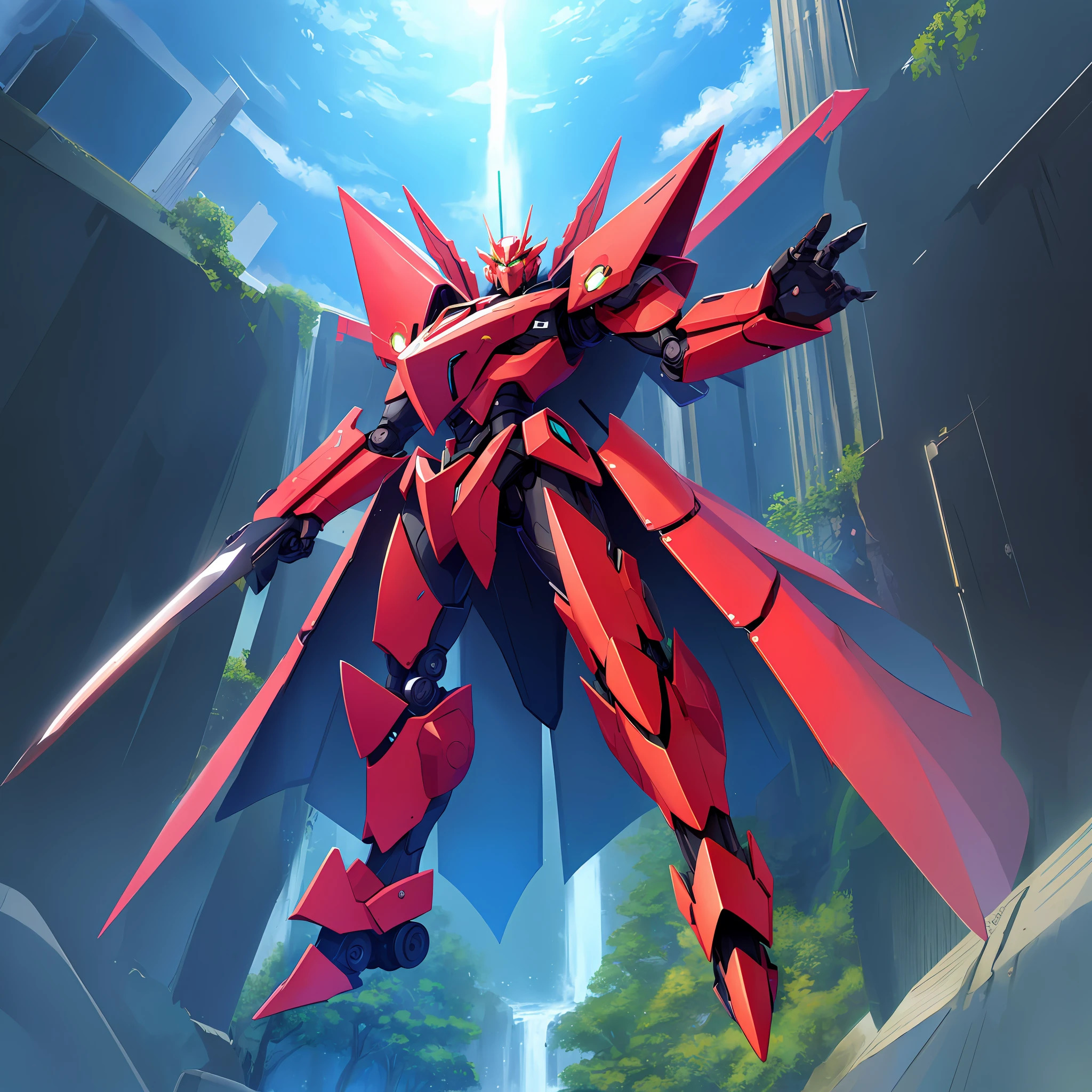 Anime style red and black robot,With a sword in his hand, modern mecha anime, anime large mecha robot, gurenn lagann, Official anime artwork, mecha anime, anime key visual concept art of, offcial art, Official artwork, cool mecha style, detailed key anime art, macross delta splash art, style of duelyst
