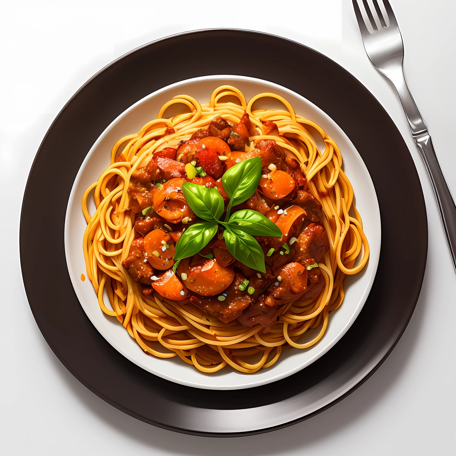 high end photography, digital painting, ultra clean high definition a plate of spaghetti, white background, 45 degrees view --auto