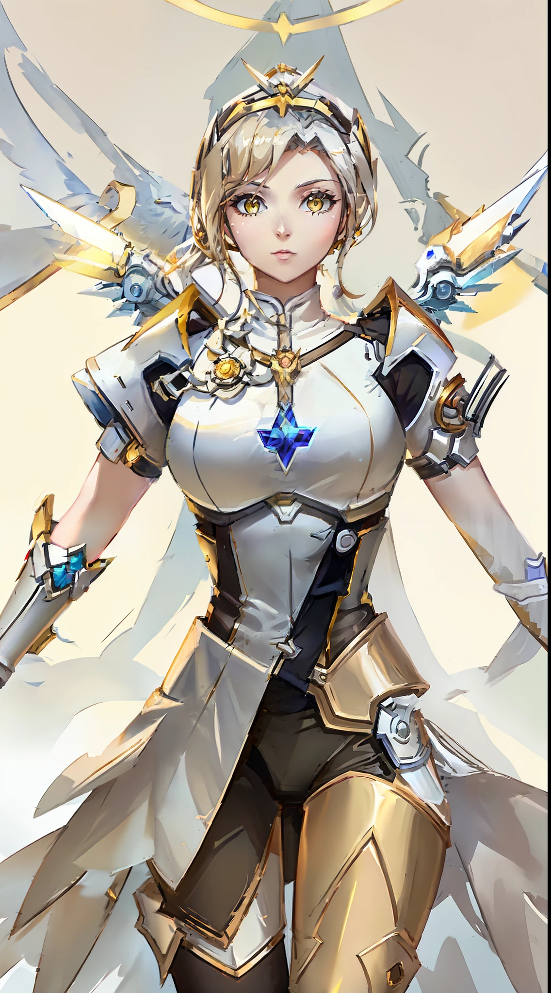 a close up of a woman in a yellow and black outfit, mercy ( overwatch ), dressed in light armor, holy paladin, mercy from overwatch game (2016), lux from league of legends, gold paladin, angelic golden armor, mercy from overwatch, gorgeous female paladin, knights of zodiac girl, portrait knights of zodiac girl, lux