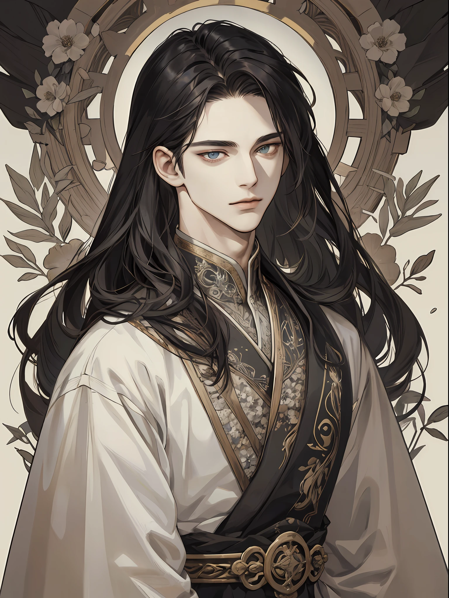 (extreamly delicate and beautiful:1.2), in 8K,(巨作:1.0),(best_Quality:1.0), 2boy, Upper body body, long  hair, and intricate detailing, Enlarged textures, and intricate detailing, finely eye and detailed face, and intricate detailing, shiraga, (closed mouths), Perfect eyes, Equal eyes, (A male god), florals