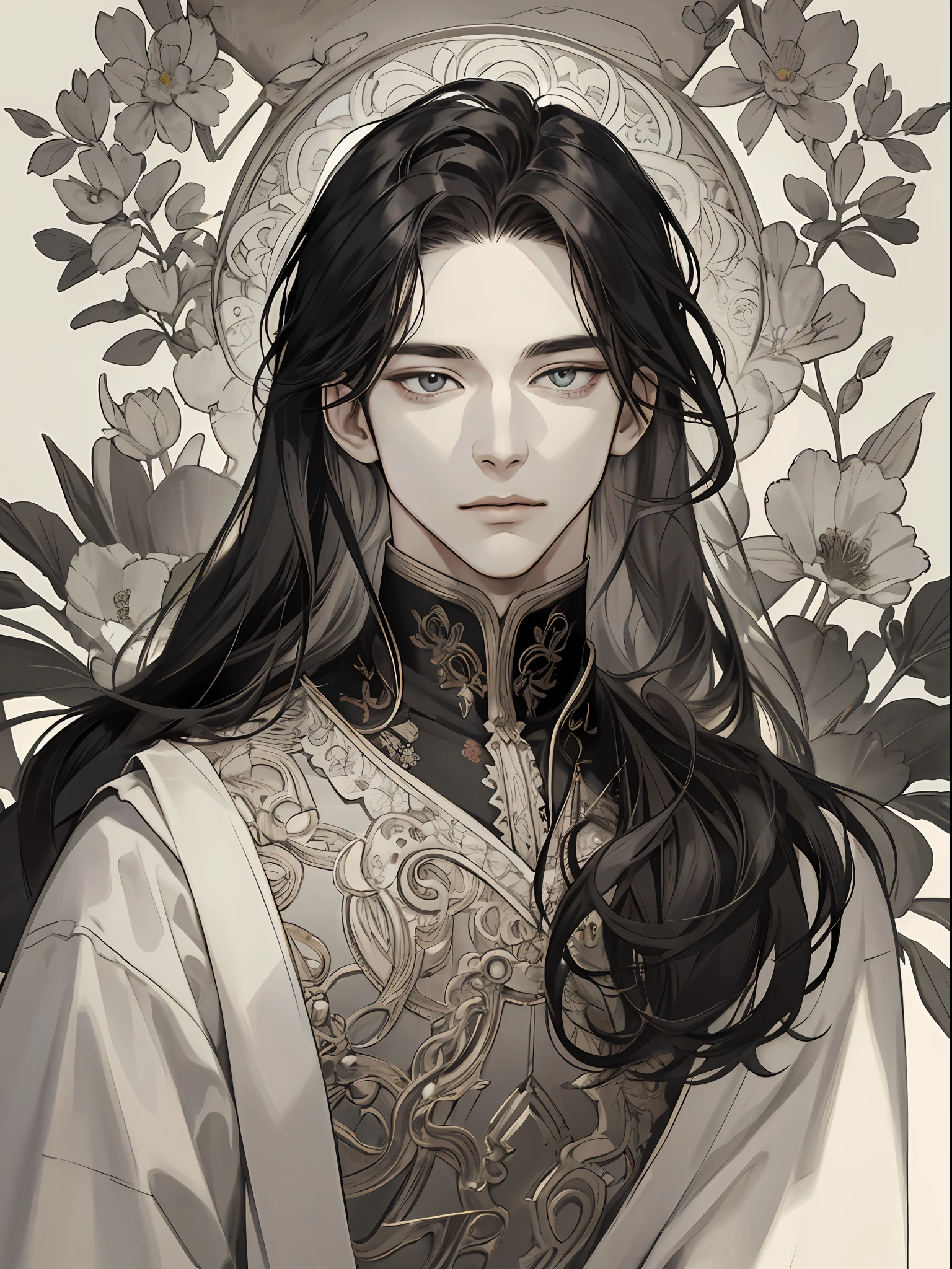 (extreamly delicate and beautiful:1.2), in 8K,(巨作:1.0),(best_Quality:1.0), 2boy, Upper body body, long hair, and intricate detailing, Enlarged textures, and intricate detailing, finely eye and detailed face, and intricate detailing, shiraga, (closed mouths), Perfect eyes, Equal eyes, (A male god), florals