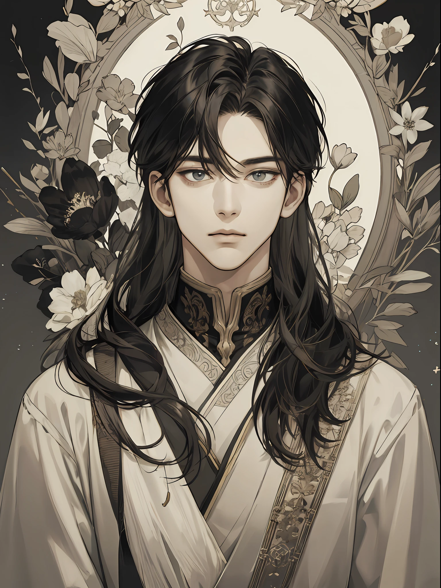 (extreamly delicate and beautiful:1.2), in 8K,(巨作:1.0),(best_Quality:1.0), 2boy, Upper body body, long  hair, and intricate detailing, Enlarged textures, and intricate detailing, finely eye and detailed face, and intricate detailing, shiraga, (closed mouths), Perfect eyes, Equal eyes, (A male god), florals