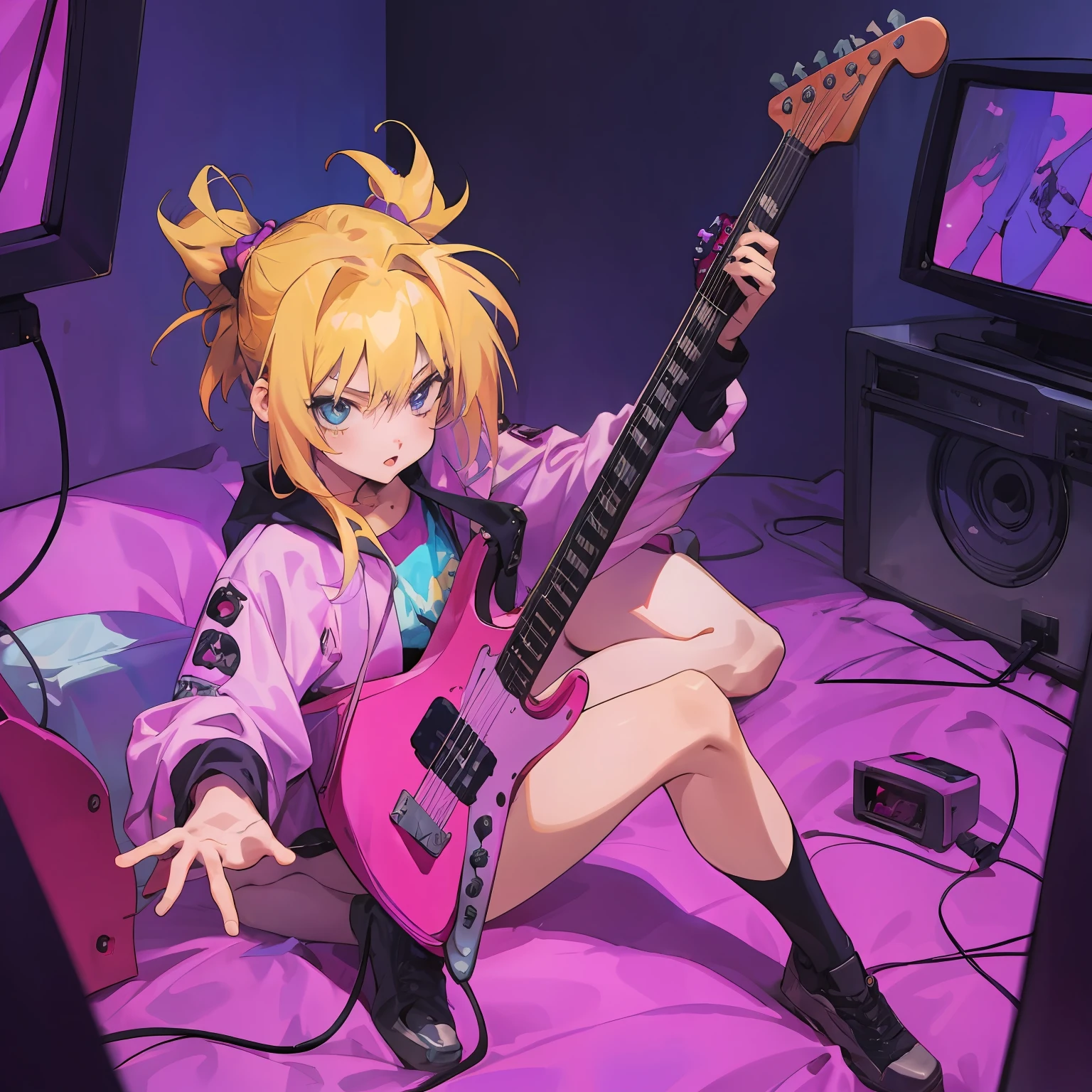 anime girl with guitar in a messy room with a tv, 8 0 s anime vibe, in the art style of 8 0 s anime, Improvise music, 8 0 s anime style, 8 0 s anime art style, rocking out, low res, 90's anime style, 9 0 s anime style, anime vibes, Double ponytailed yellow-haired girl, with tattoos, electric guitar
