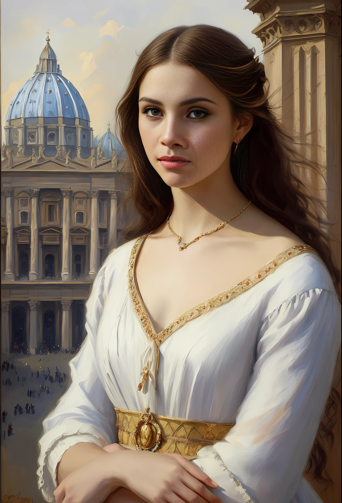 portrait, girl, middle ages, classicism, andrey atroshenko style, painting,on the St. Peter's Square of Vatican, traditional media, realistic, figurative, fine art, oil on canvas, HDR, 8K, original character, high resolution, high detail, focus on the face