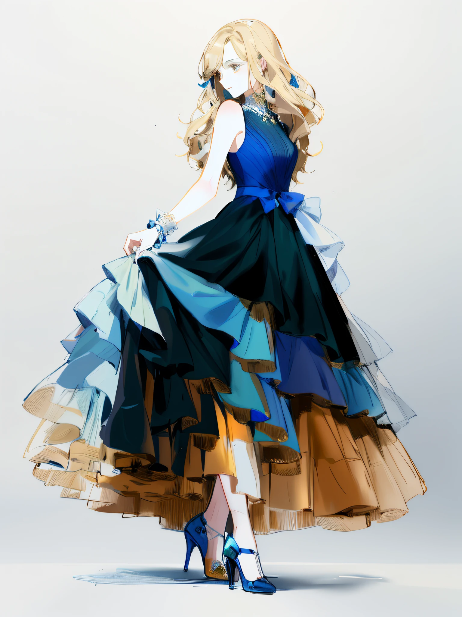 A painting of a woman in a blue dress,a blue dress,Wearing a bow, beautiful drawing style, wearing flowing dress, detailed dress and face, traditional drawing style, girl in a dress, wearing elegant dress, Drawing style, detailed fashion illustration, coiffed blonde hair,fair white skin,black heels,Black eyes
