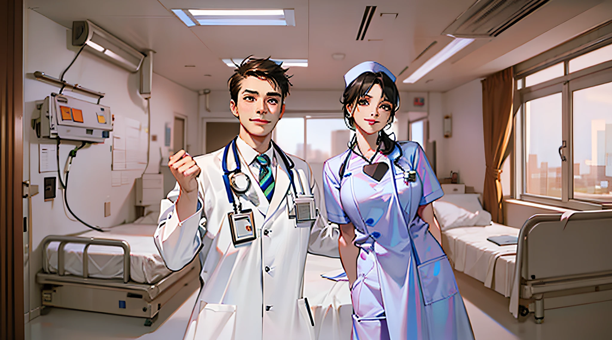 Male doctors and female nurses，Background hospital