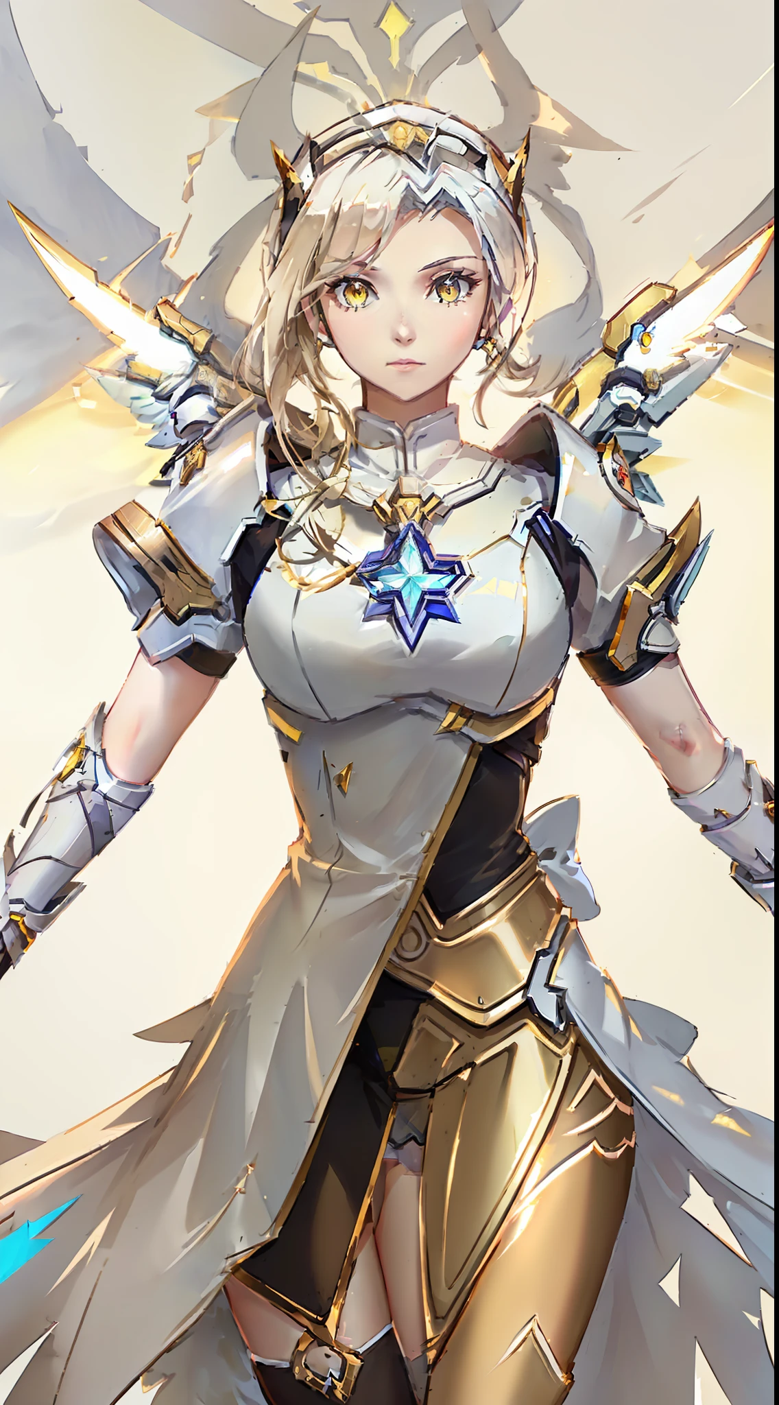a close up of a woman in a yellow and black outfit, mercy ( overwatch ), dressed in light armor, holy paladin, mercy from overwatch game (2016), lux from league of legends, gold paladin, angelic golden armor, mercy from overwatch, gorgeous female paladin, knights of zodiac girl, portrait knights of zodiac girl, lux
